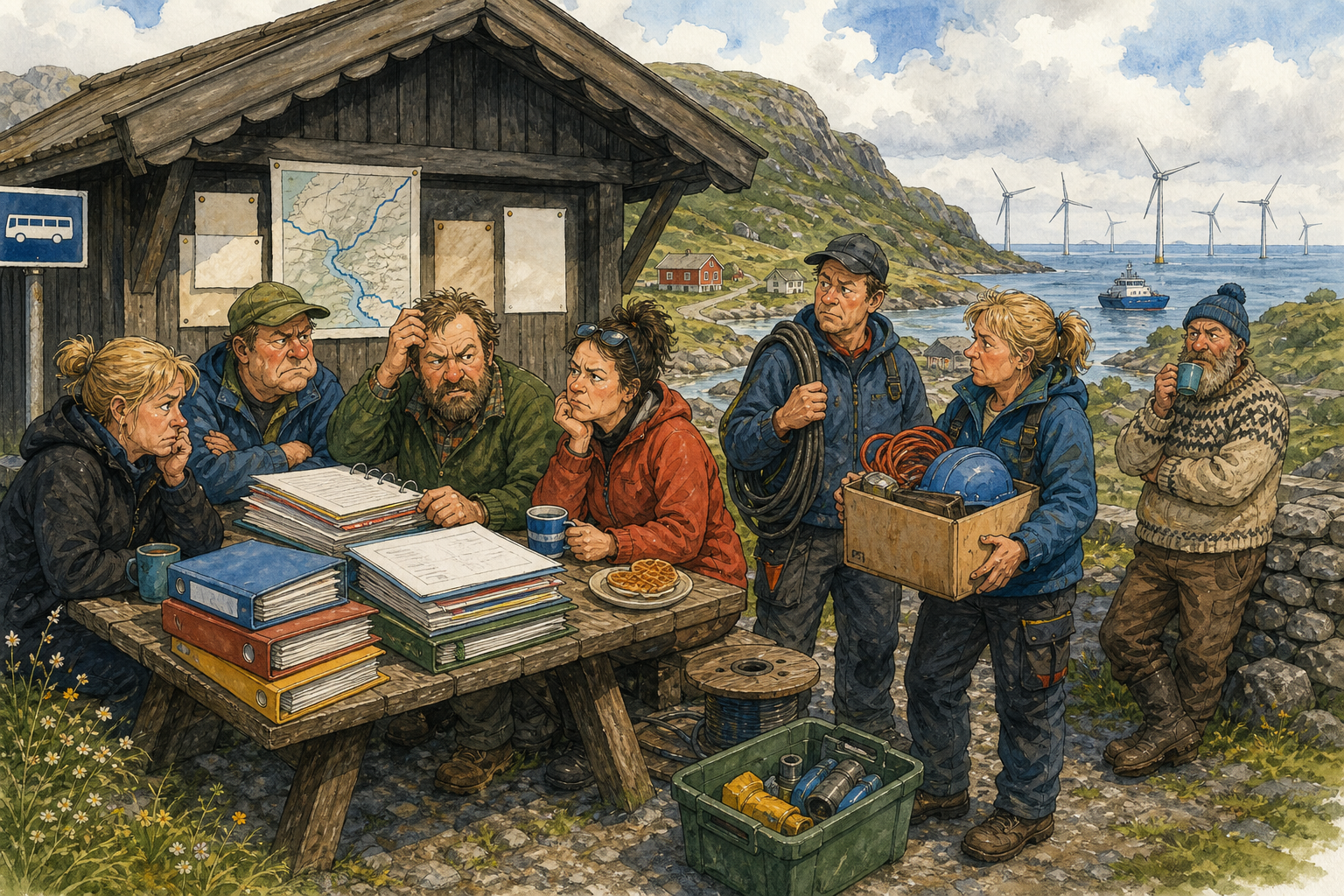 Tegnet støttemotiv til saken Havvind-brems merkes i ordreboka på fjellet: Et havvind-vedtak langt fra Bakomberg har fått lokale underleverandører og pendlere til å avvente kurs, innkjøp og arbeidsplaner. Motivet knytter saken til Klukkhølet Ventehus og Kaffekjelen som Piper.