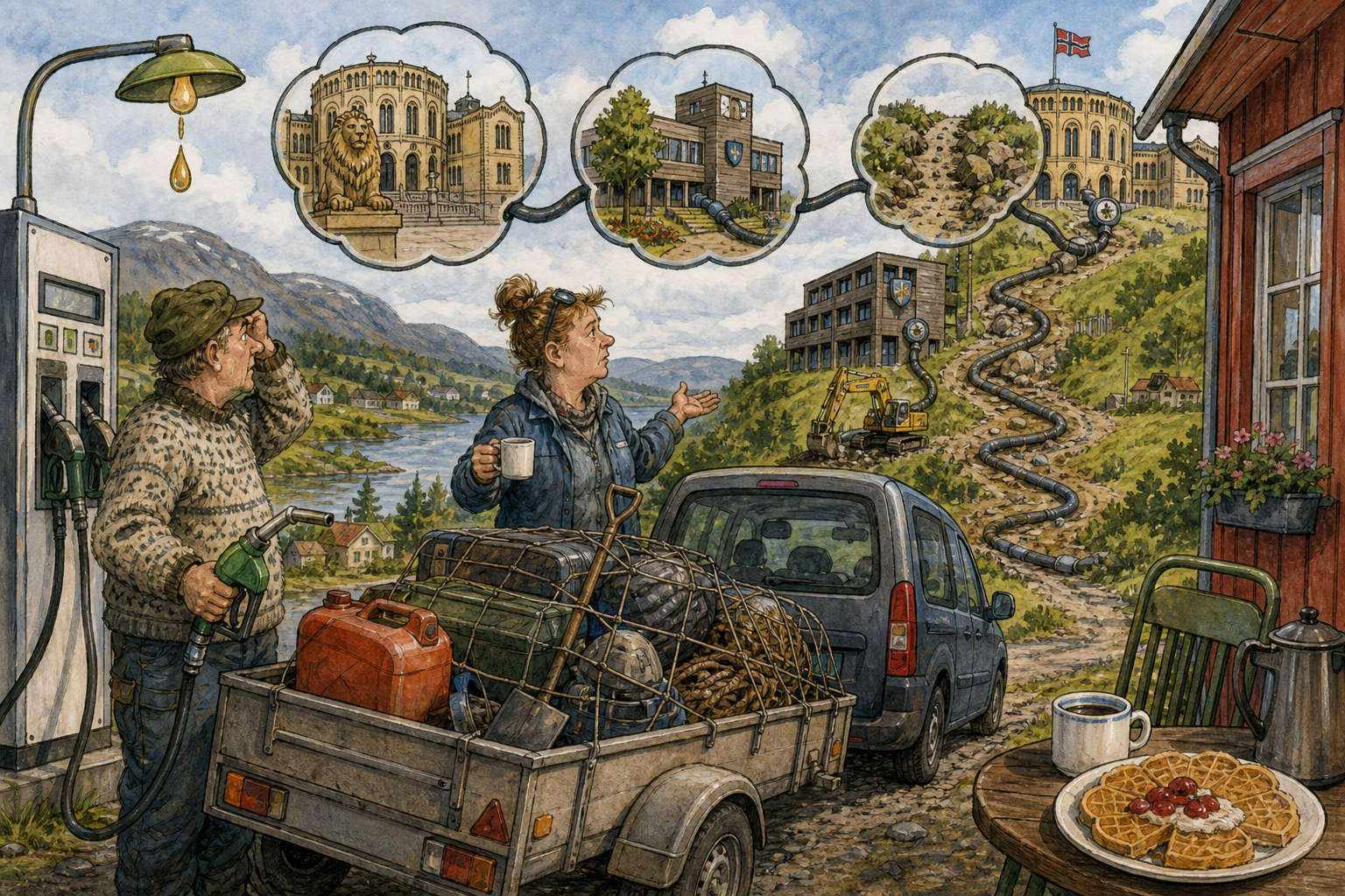 Tegnet hovedmotiv til saken Derfor blir tanken dyrere enn tallet på pumpa ser ut: Når pumpeprisen bikker noen øre opp i Bakomberg, blir det fort snakk om både Stortinget, kommunen og bakken hjem. Motivet knytter saken til Signe Brottveit og Mellomromsmagasinet ved Brustadbakken.