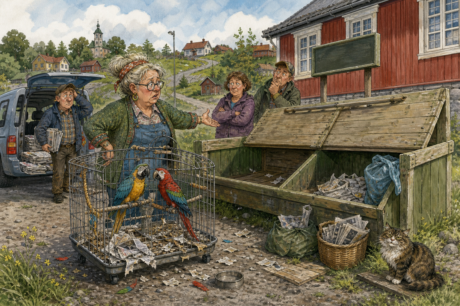 Tegnet hovedmotiv til saken Elinor mangler papiraviser til to papegøyer: Da stadig flere i Bakomberg sluttet med papiravis, oppsto et praktisk problem hos Elinor Postmyr.