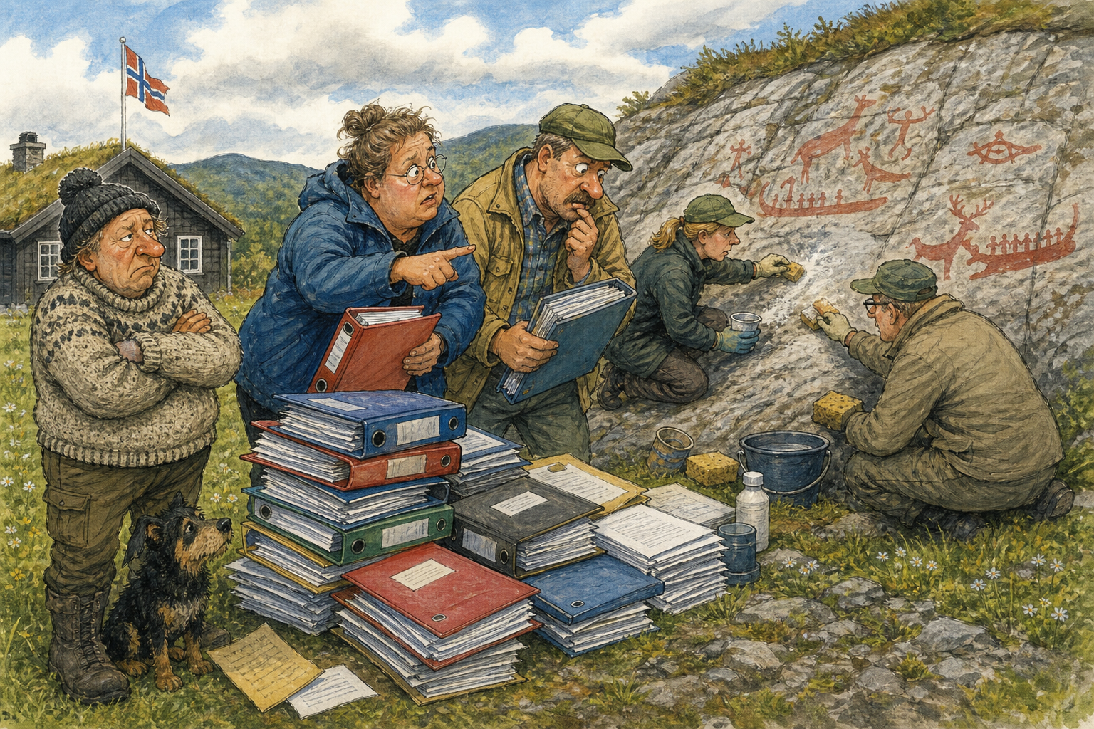 Tegnet hovedmotiv til saken Rødfargen skal bort fra bergrisset: Den moderne rødfargen på helleristningene ved Haugberget fjernes fordi den ikke hører til originalen. Motivet knytter saken til Bakomberg Hundelag for Korte Avstander.