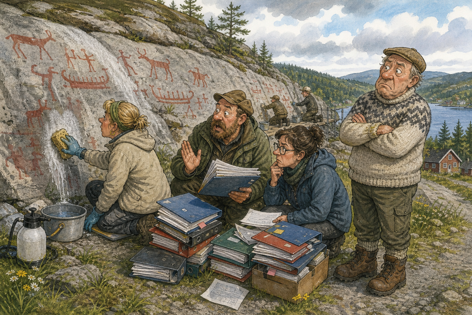 Tegnet støttemotiv til saken Rødfargen skal bort fra bergrisset: Den moderne rødfargen på helleristningene ved Haugberget fjernes fordi den ikke hører til originalen. Motivet knytter saken til Bakomberg Hundelag for Korte Avstander.