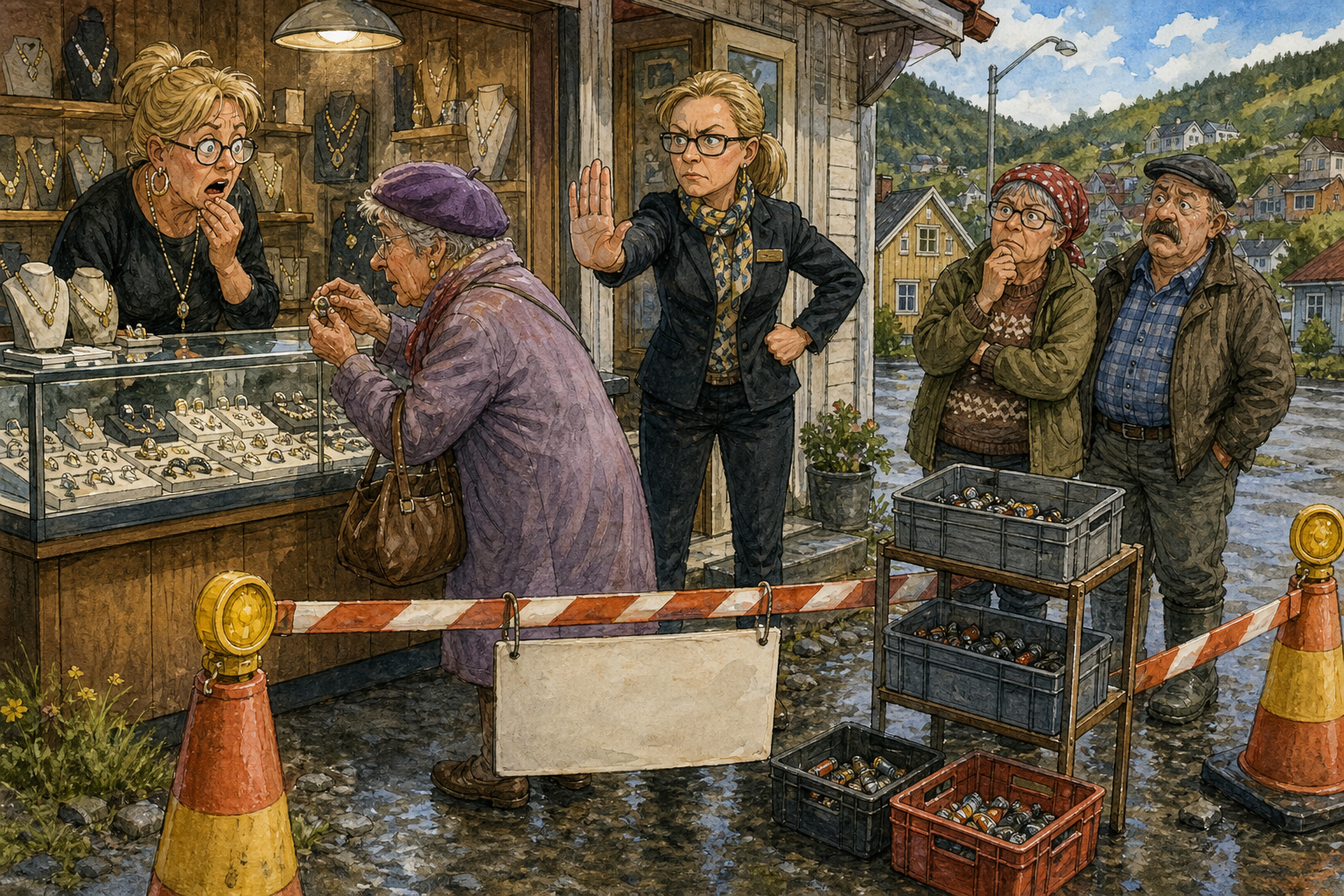Tegnet hovedmotiv til saken Nytt smykkesvinn ved glassmonteren: Butikken strammer inn ringprøvingen: Smykkedisken i Bakomberg har fått nye rutiner etter et svinn fra glassmonteren. Motivet knytter saken til Ragna Mildrid Sætermo og Ragnvald Myrvang.