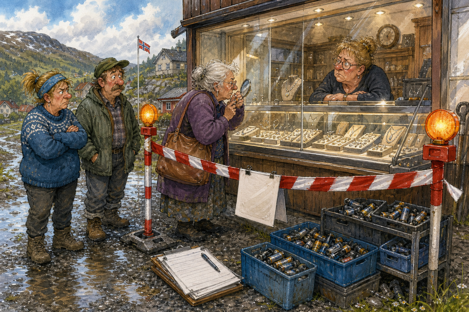 Tegnet støttemotiv til saken Nytt smykkesvinn ved glassmonteren: Butikken strammer inn ringprøvingen: Smykkedisken i Bakomberg har fått nye rutiner etter et svinn fra glassmonteren. Motivet knytter saken til Ragna Mildrid Sætermo og Ragnvald Myrvang.