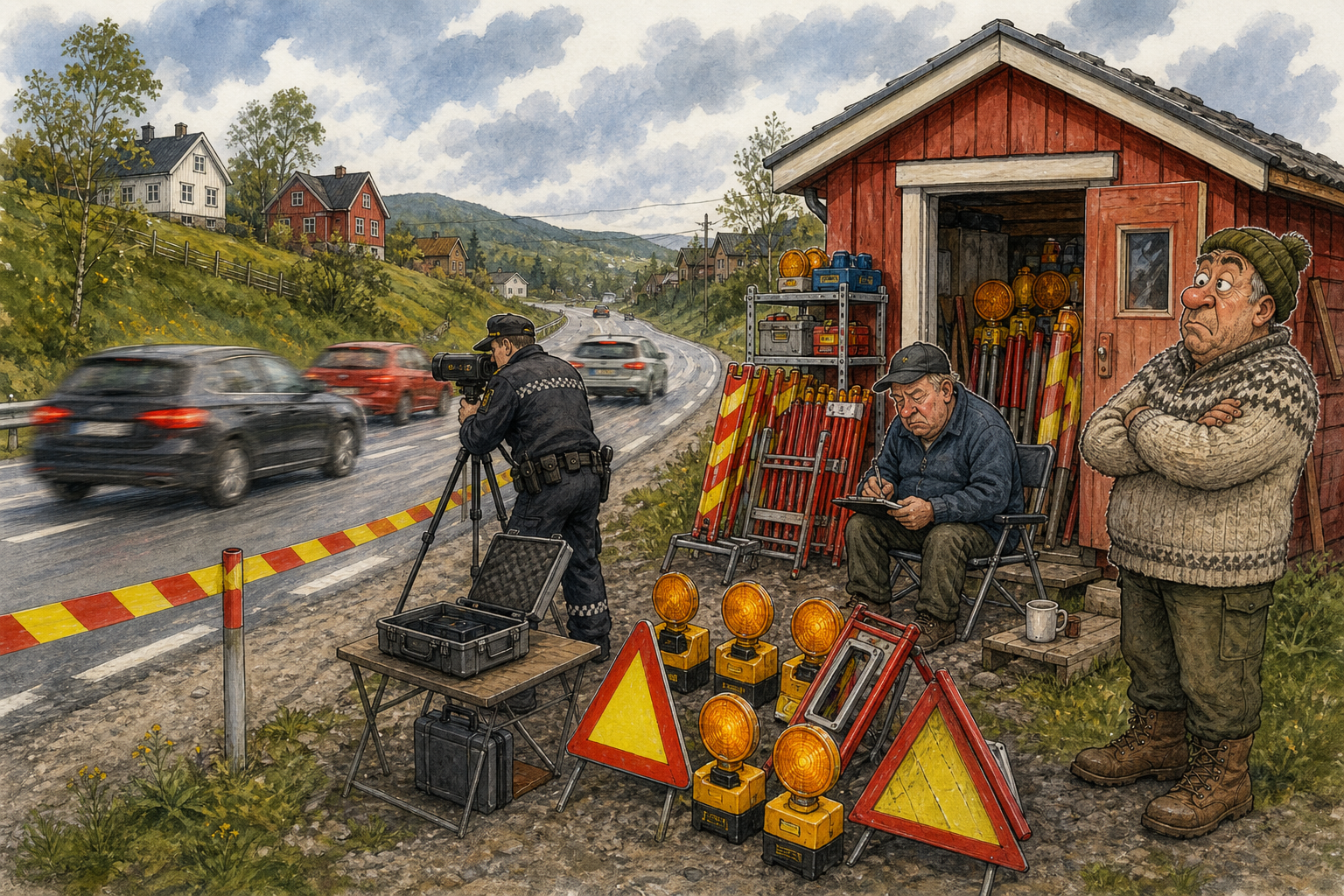 Tegnet hovedmotiv til saken Mange kjørte for fort forbi stedet som selger varsler: Politiet målte fart ved Varselskiltstua mandag morgen. Motivet knytter saken til Varselskiltstua på Nedre Tverrveg.