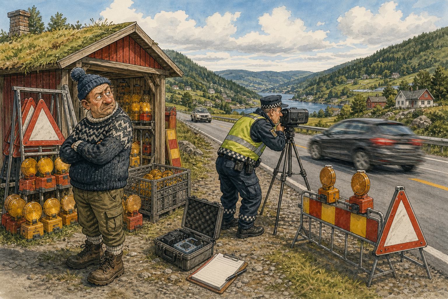 Tegnet støttemotiv til saken Mange kjørte for fort forbi stedet som selger varsler: Politiet målte fart ved Varselskiltstua mandag morgen. Motivet knytter saken til Varselskiltstua på Nedre Tverrveg.