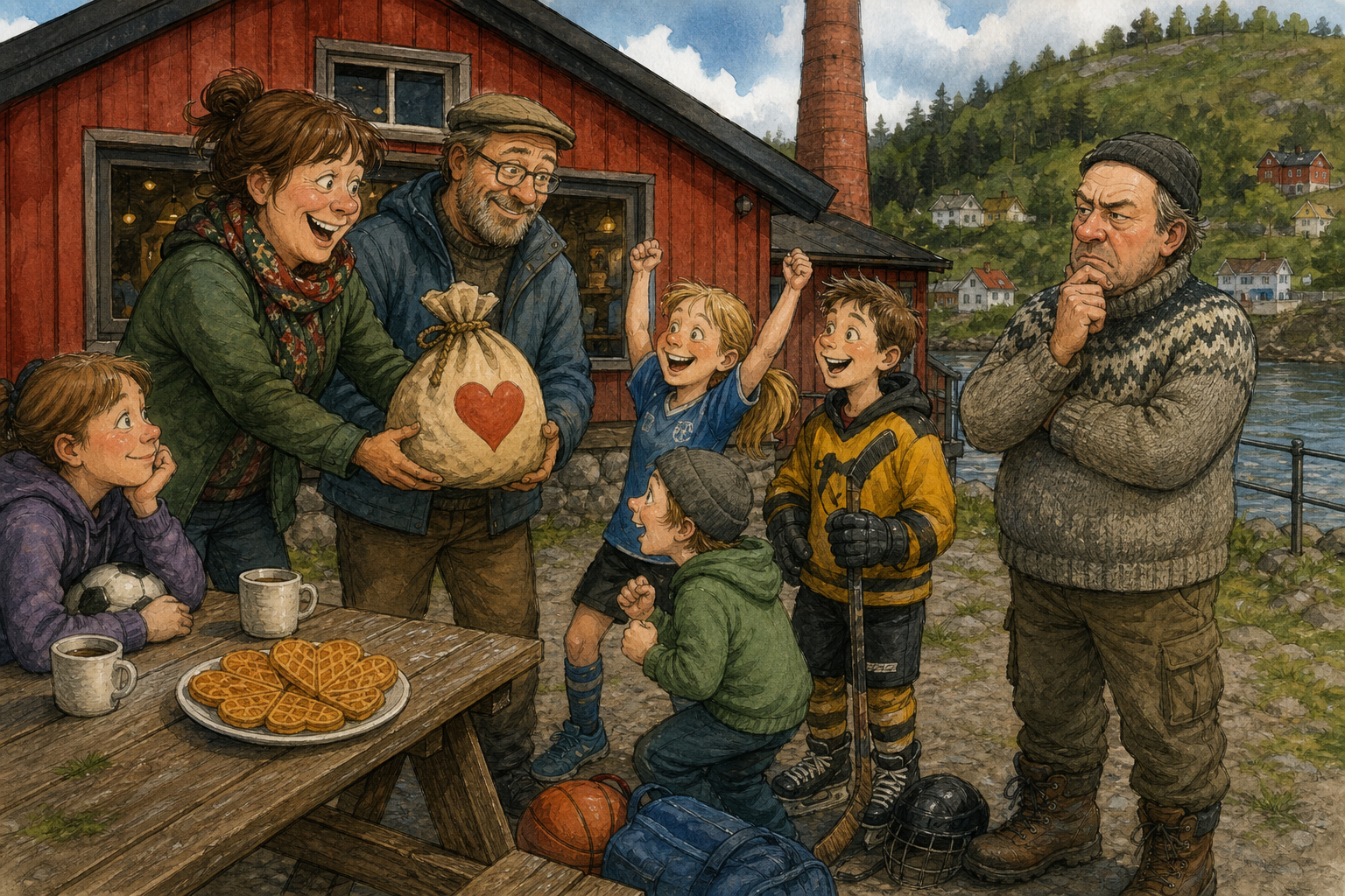 Tegnet hovedmotiv til saken Stiftelsespenger skal holde fritidskontoen åpen litt lenger: En lokal stiftelse går inn med støtte til Bakombergs fritidskonto. Motivet knytter saken til Kaffekroken ved Pumpehuset.