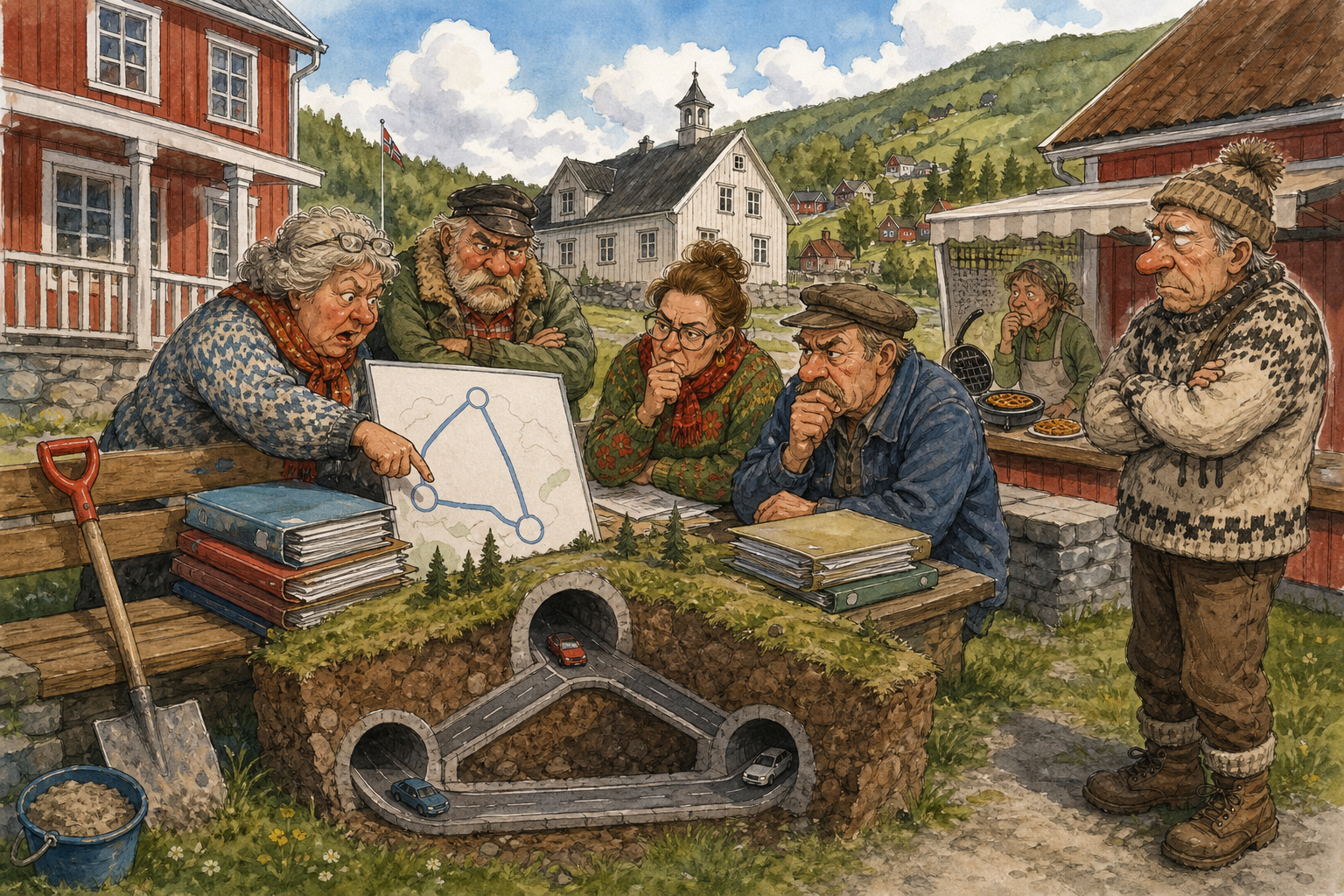 Tegnet hovedmotiv til saken Vil legge Bakomberg-trekant under bakken: Bakomberg Lapp- og Merkelag for Midlertidig Orden ber om at underjordisk trekantsamband vurderes som alternativ til større synlige veggrep.
