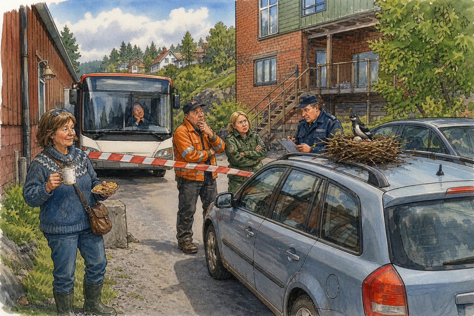 Tegnet hovedmotiv til saken Reir på biltak stanset to ruter i Krittgangen: Et fuglereir på taket av en parkert bil førte tirsdag til midlertidig ro rundt to parkeringsplasser i Krittgangen bak Servicekvartalet.