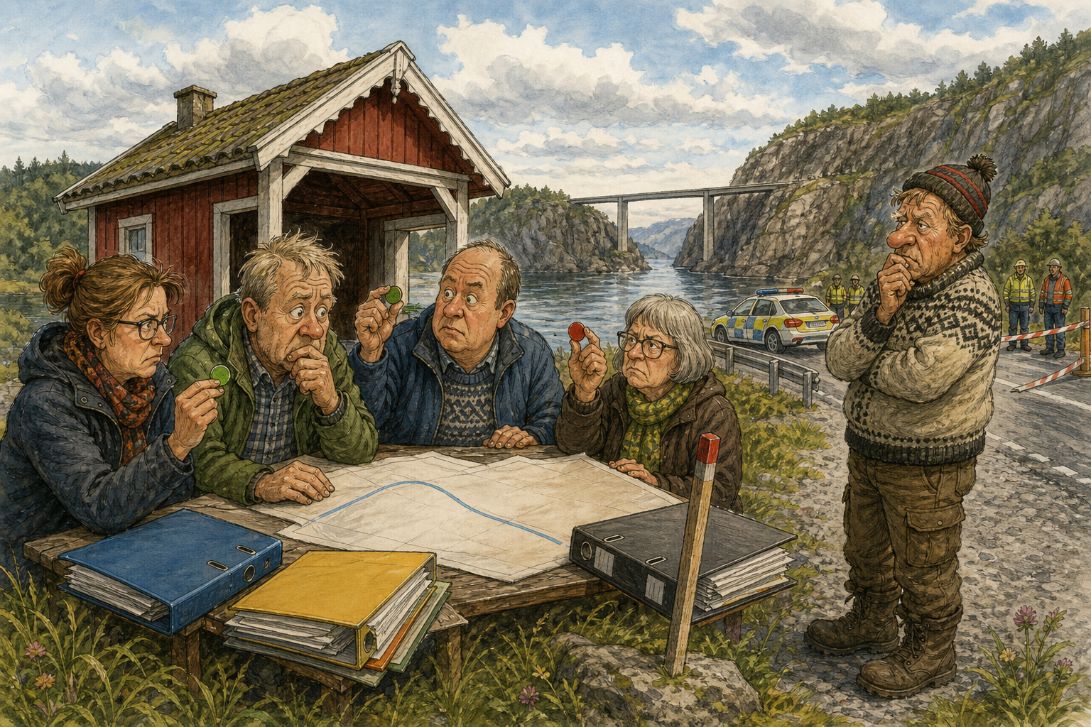 Tegnet hovedmotiv til saken Hårfint ja til Bakomberg-bru: Siste runde kan fortsatt vippe sambandet: Et knapt flertall vil gå videre med Bakomberg-brua. Motivet knytter saken til Klukkhølet Ventehus.