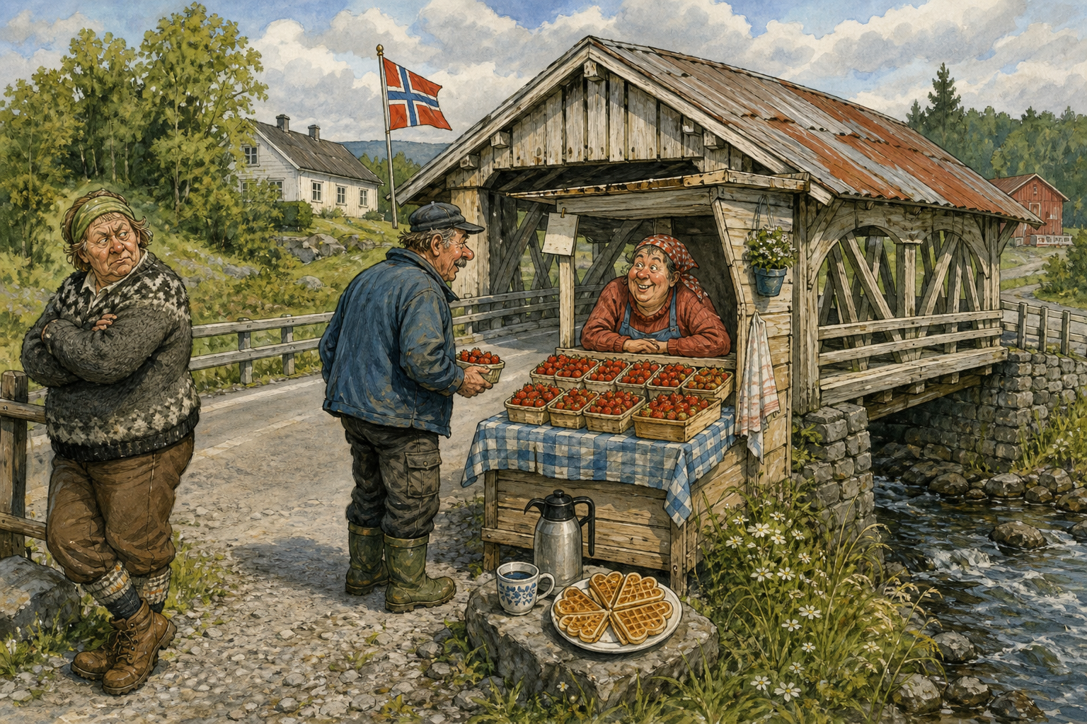 Tegnet hovedmotiv til saken Første bakombærene lå klare ved brua før kaffetid: Årets første lokale jordbærkurver ble satt ut ved Gamle Melkebrua tirsdag formiddag. Motivet knytter saken til Gamle Melkebrua ved Svingstadbekken.