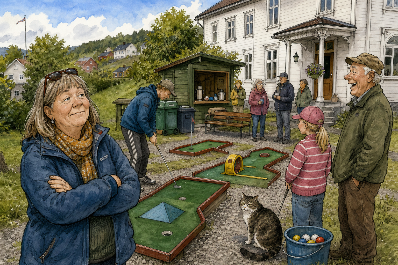 Tegnet hovedmotiv til saken Minigolfen åpnet bak Herredshuset – målet er ett ekstra ærend: Den nye minigolfbanen ved Returbenken bak Herredshuset ble tatt i bruk torsdag.