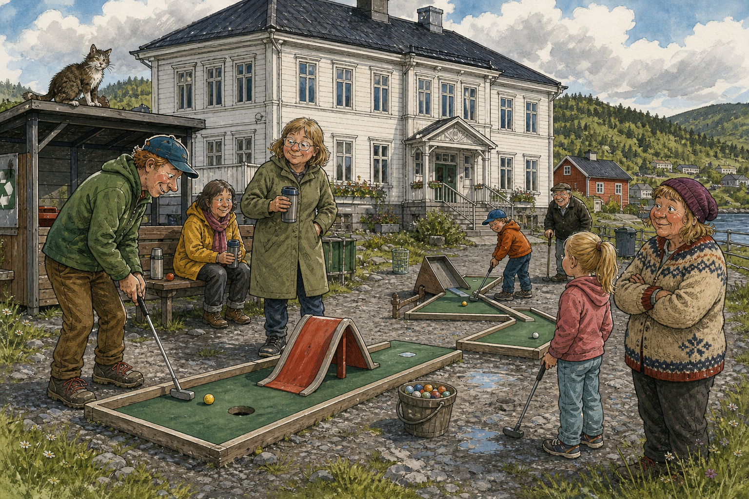 Tegnet støttemotiv til saken Minigolfen åpnet bak Herredshuset – målet er ett ekstra ærend: Den nye minigolfbanen ved Returbenken bak Herredshuset ble tatt i bruk torsdag.