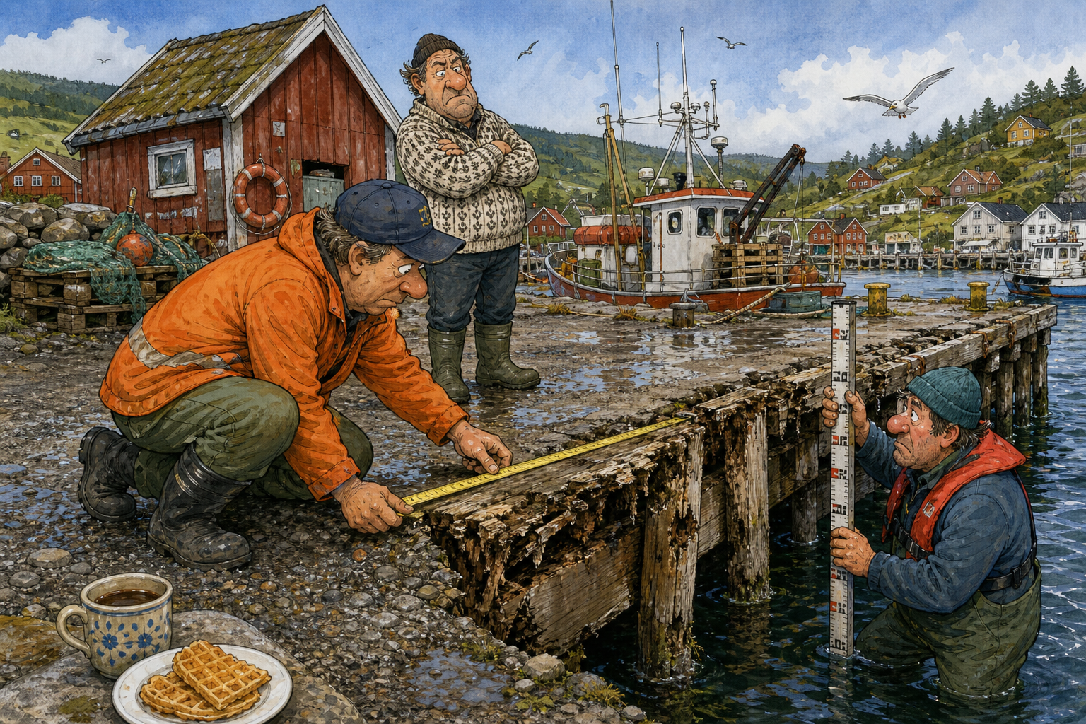 Tegnet hovedmotiv til saken Statlig ja til fiskerihavna: Nå må «den dårlige kanten» måles: Bakomberg får statlig støtte til å utbedre fiskerihavna.