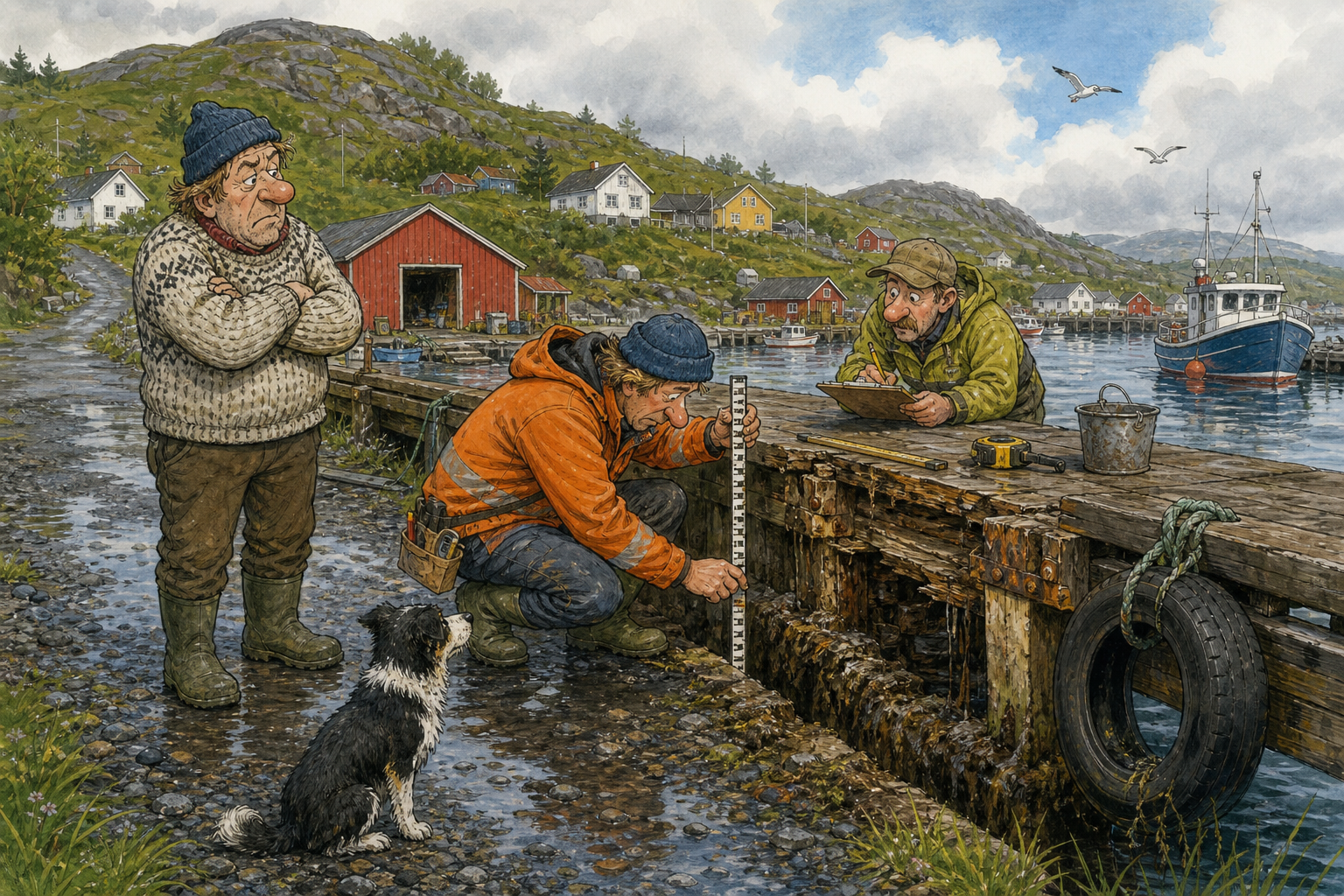 Tegnet støttemotiv til saken Statlig ja til fiskerihavna: Nå må «den dårlige kanten» måles: Bakomberg får statlig støtte til å utbedre fiskerihavna.