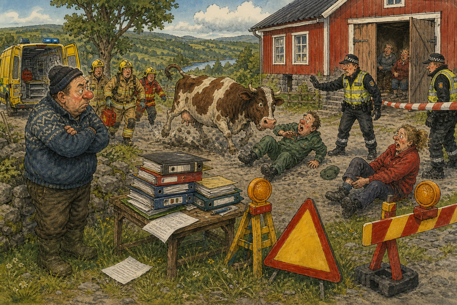 Tegnet støttemotiv til saken Ku skadet to på tun – politiet ber folk holde avstand: To personer ble skadet etter en hendelse med en ku på et gårdstun i Bakomberg tirsdag formiddag. Motivet knytter saken til Kaffekroken ved Pumpehuset.