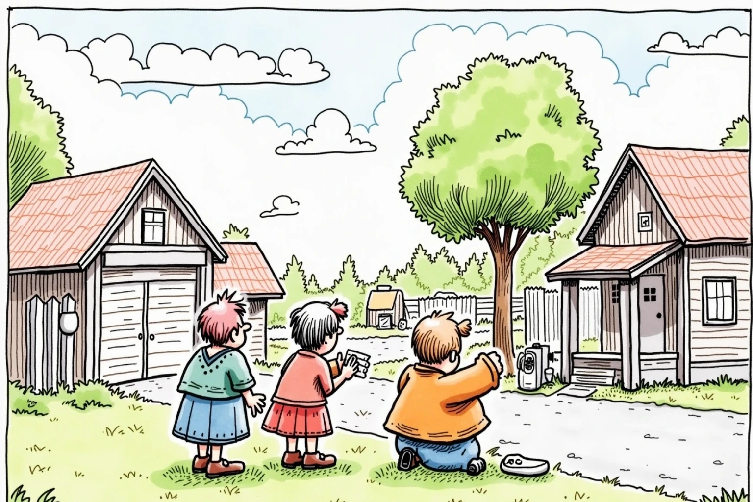 Illustrasjon til Almanakk og hendelse om Laurdag 20. juni: Rista, rykta og ei øse med sjølvkjensle: Bakomberg vakna til varm asfalt, lette skyer og den typen sentrumsliv der tre personar kan stå heilt stille og likevel skape kø.