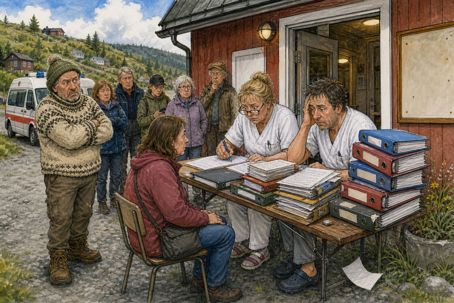Tegnet hovedmotiv til saken Teknisk trøbbel gir ventetid ved legevakta: Pasienter ved Bakomberg legevakt må tirsdag regne med ekstra ventetid etter tekniske problemer i registrering og oppslag. Motivet knytter saken til Krittgangen bak Servicekvartalet og Omvei Vikar & Vedlikehold.