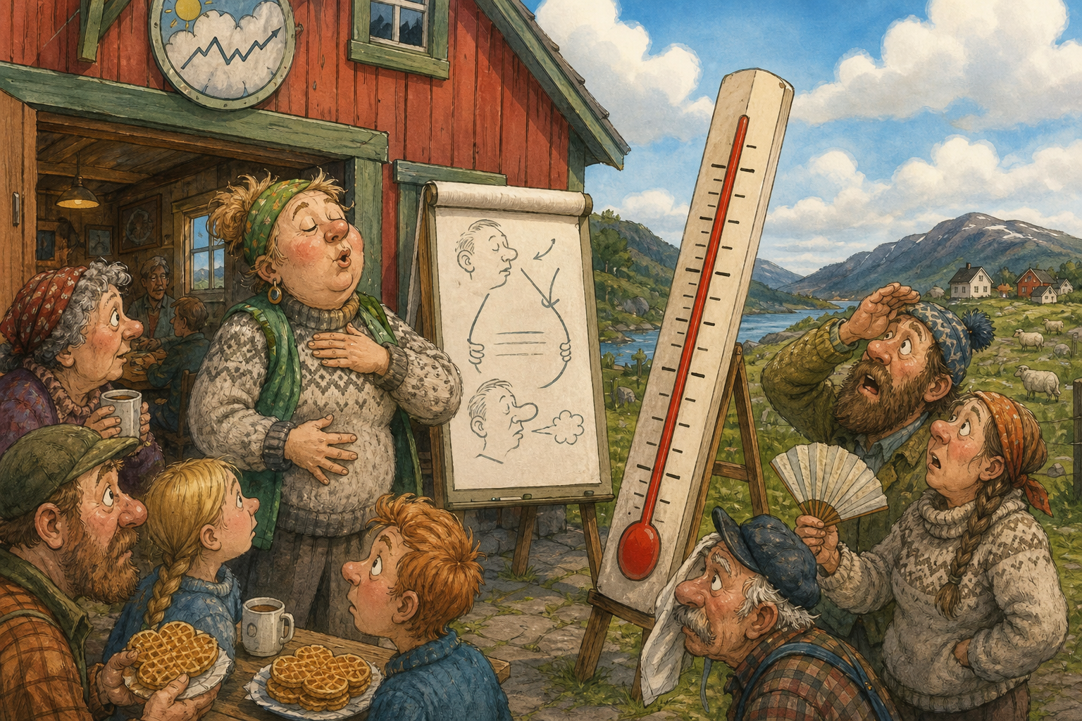 Tegnet hovedmotiv til saken Bakomberg kan nærme seg 30 grader: Varslingslaget ber bygda puste før den varsler trope: Bakomberg kan få temperaturer opp mot 30 grader denne uken. Motivet knytter saken til Torhild «Sirkelen» Kvassheim og Bakomberg Varslingslag for Rykter og Riktig Rekkefølge.