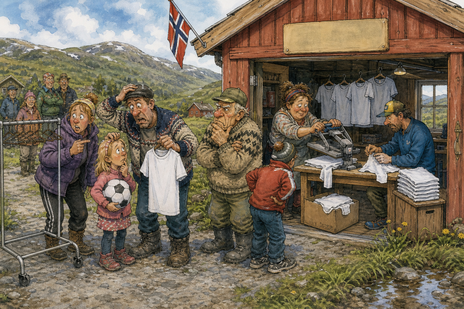 Tegnet støttemotiv til saken VM-draktene forsvant fra hylla før folk rakk å angre: Fotballinteressen har tømt det lokale utvalget av VM-drakter i Bakomberg. Motivet knytter saken til Snillstempelboden på Klinken.