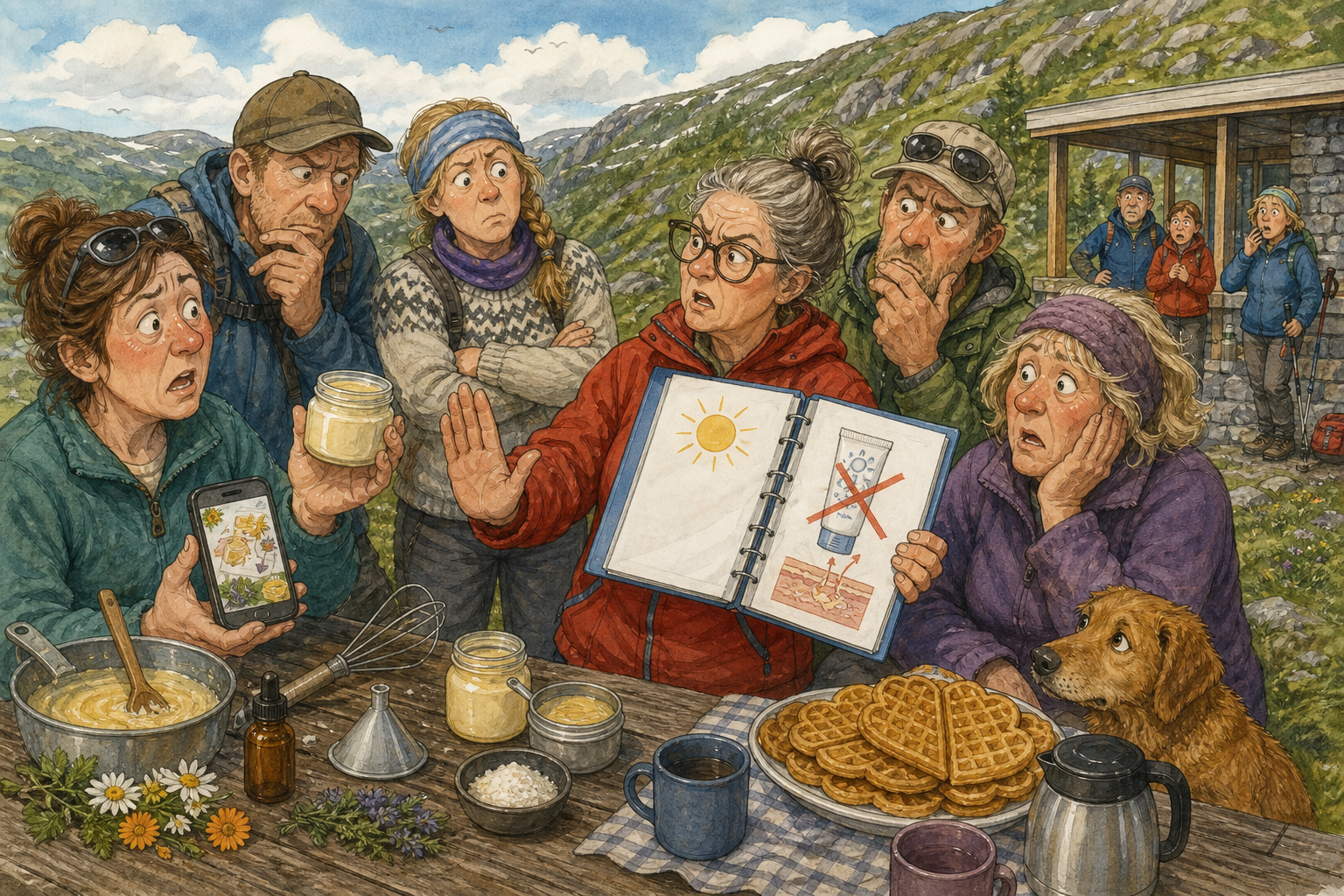 Tegnet hovedmotiv til saken Ber folk slutte å dele hjemmelaget solkrem før fjellhelga: En hjemmelaget solsalve-oppskrift delt i en Bakomberg-gruppe har fått flere til å minne om at solkrem må ha dokumentert effekt. Motivet knytter saken til Gunvor «Lånkelyd» Brennhaug og Varmrista ved Bibliotekveggen.