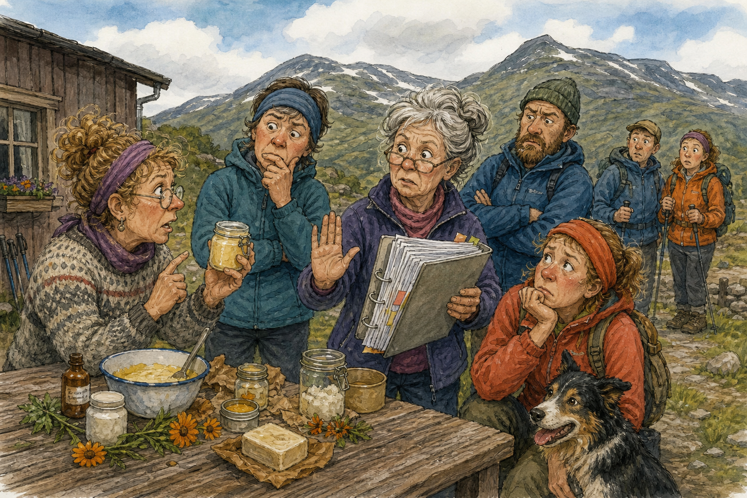 Tegnet støttemotiv til saken Ber folk slutte å dele hjemmelaget solkrem før fjellhelga: En hjemmelaget solsalve-oppskrift delt i en Bakomberg-gruppe har fått flere til å minne om at solkrem må ha dokumentert effekt. Motivet knytter saken til Gunvor «Lånkelyd» Brennhaug og Varmrista ved Bibliotekveggen.