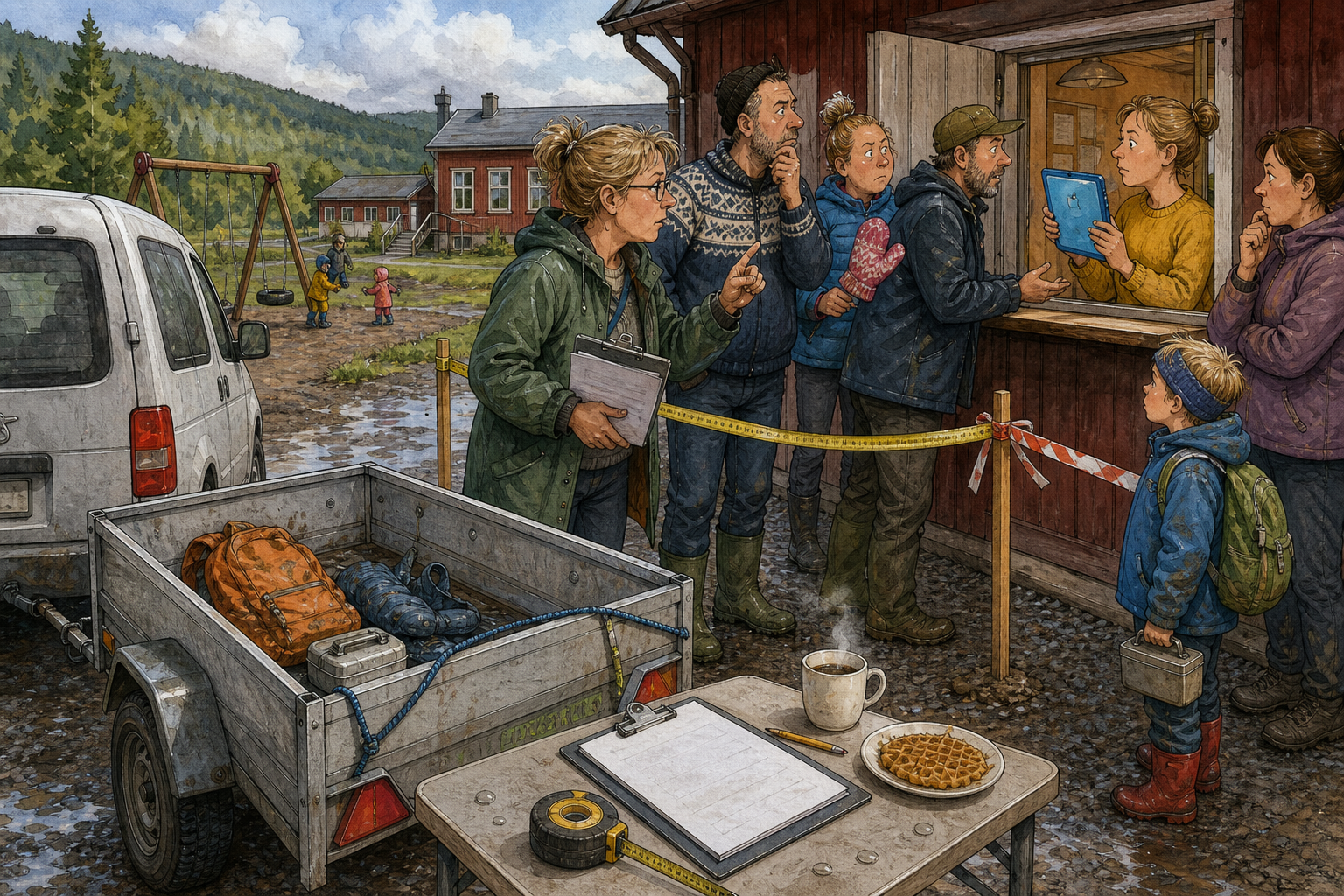 Tegnet hovedmotiv til saken Nytt meldesystem ved skolen samlet tre passord og ei matpakke: Foresatte er positive til samlet beskjedflyt, men mener våte votter bør kunne meldes uten ny brukerprofil i leveringskøa. Motivet knytter saken til Gudrun Kjelsvik og Mio Bråtaker.