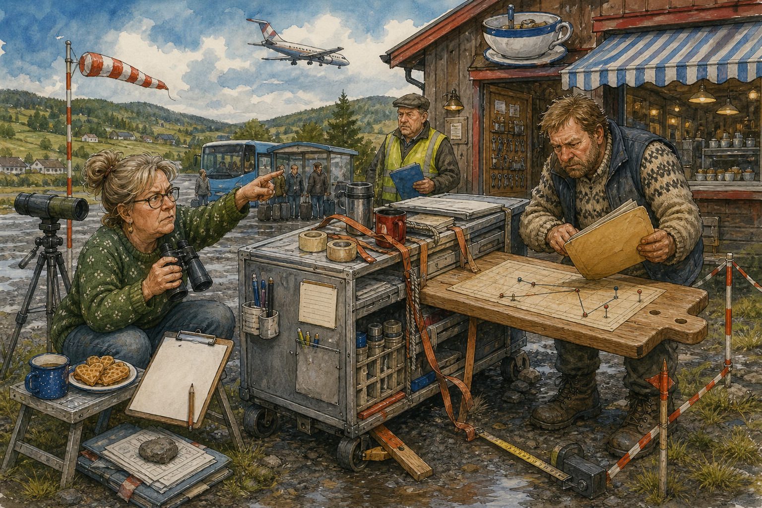 Tegnet støttemotiv til saken Flystreikfrykt ved kabintralla: Fare for streik blant kabinansatte merkes alt i Bakomberg, der Gudrun Kjelsvik vil ha flynummer før uro og Askel Humlebrekk har lagt BakkePlan B på ei skjærefjøl.