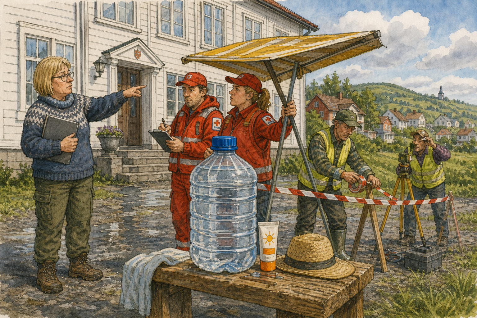 Tegnet hovedmotiv til saken Vanndunk settes inn mot varm uke: En 10-liters vanndunk med blå skrukork er satt ut ved herredshuset mens hjelpekorpset minner om vann, solkrem, hatt og skygge før bygda blir prinsipielt tørst. Motivet knytter saken til Returbenken bak Herredshuset, Bakomberg Hjelpekorps for Nestenulykker og Torill Myrseth.