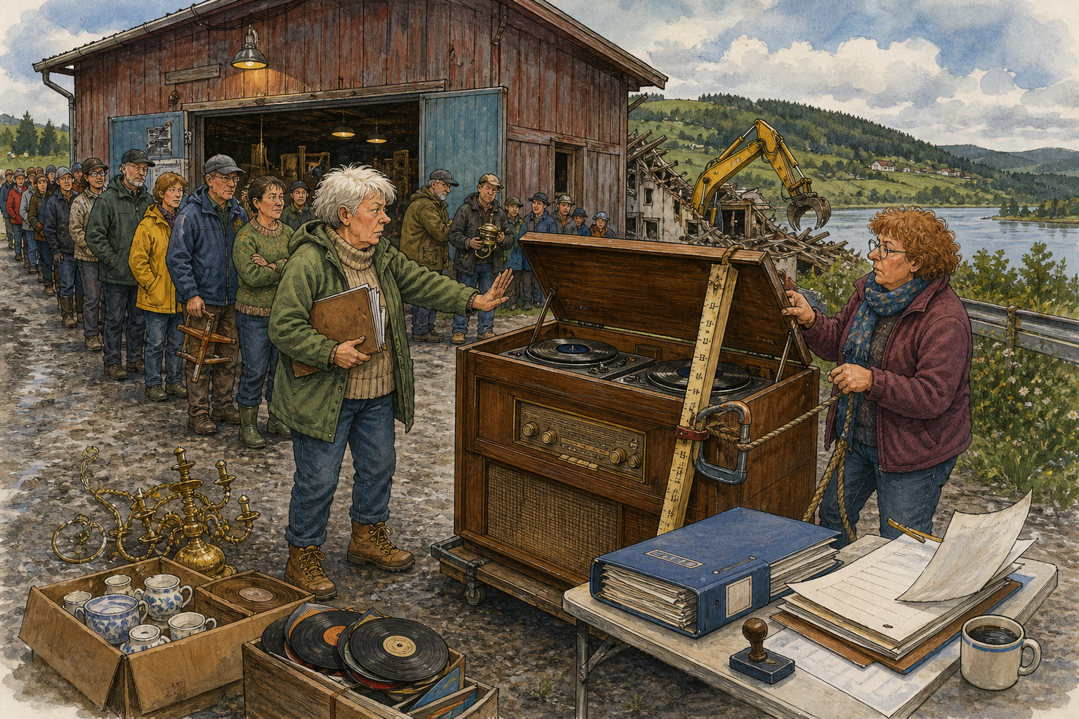 Tegnet hovedmotiv til saken Radioskap skaper kø før riving: Ruth Kvamnes og Ragna Kvilemoen slipper folk inn for å berge porselen, 78-plater, møbler og messingkrone før bygget tas ned.