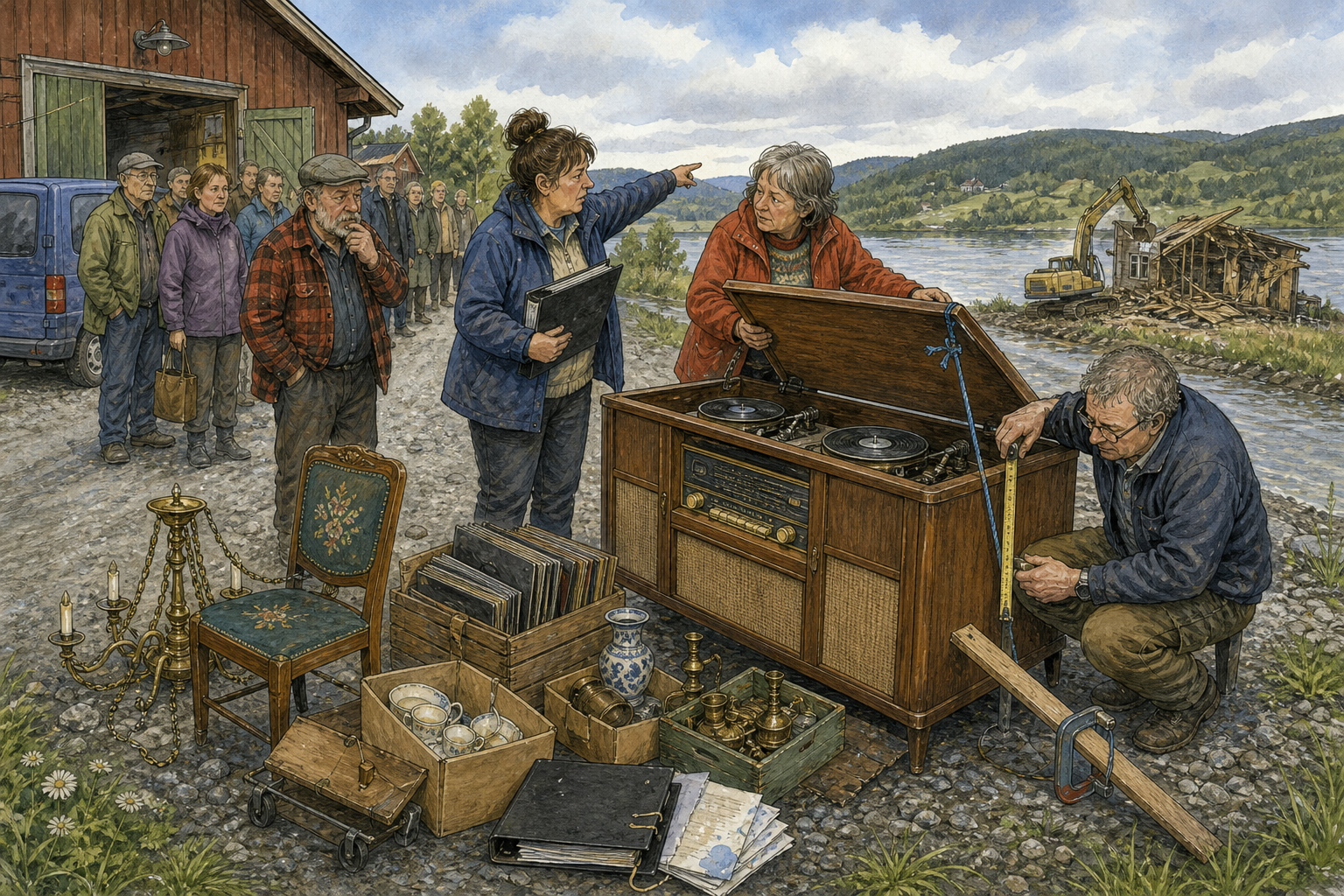 Tegnet støttemotiv til saken Radioskap skaper kø før riving: Ruth Kvamnes og Ragna Kvilemoen slipper folk inn for å berge porselen, 78-plater, møbler og messingkrone før bygget tas ned.