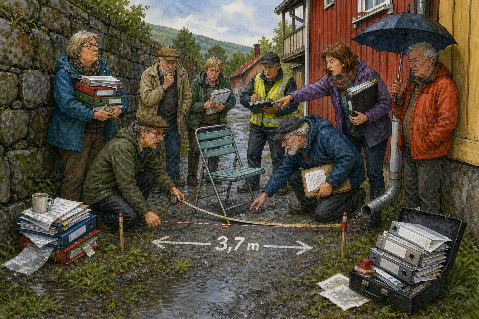 Tegnet hovedmotiv til saken Klappstol flyttes 3,7 meter i Krittgangen: Målstova for Skjeve Avstander minner om at den gamle flekken ved muren har vøri brukt lenge nok til å ha en viss tyngde.