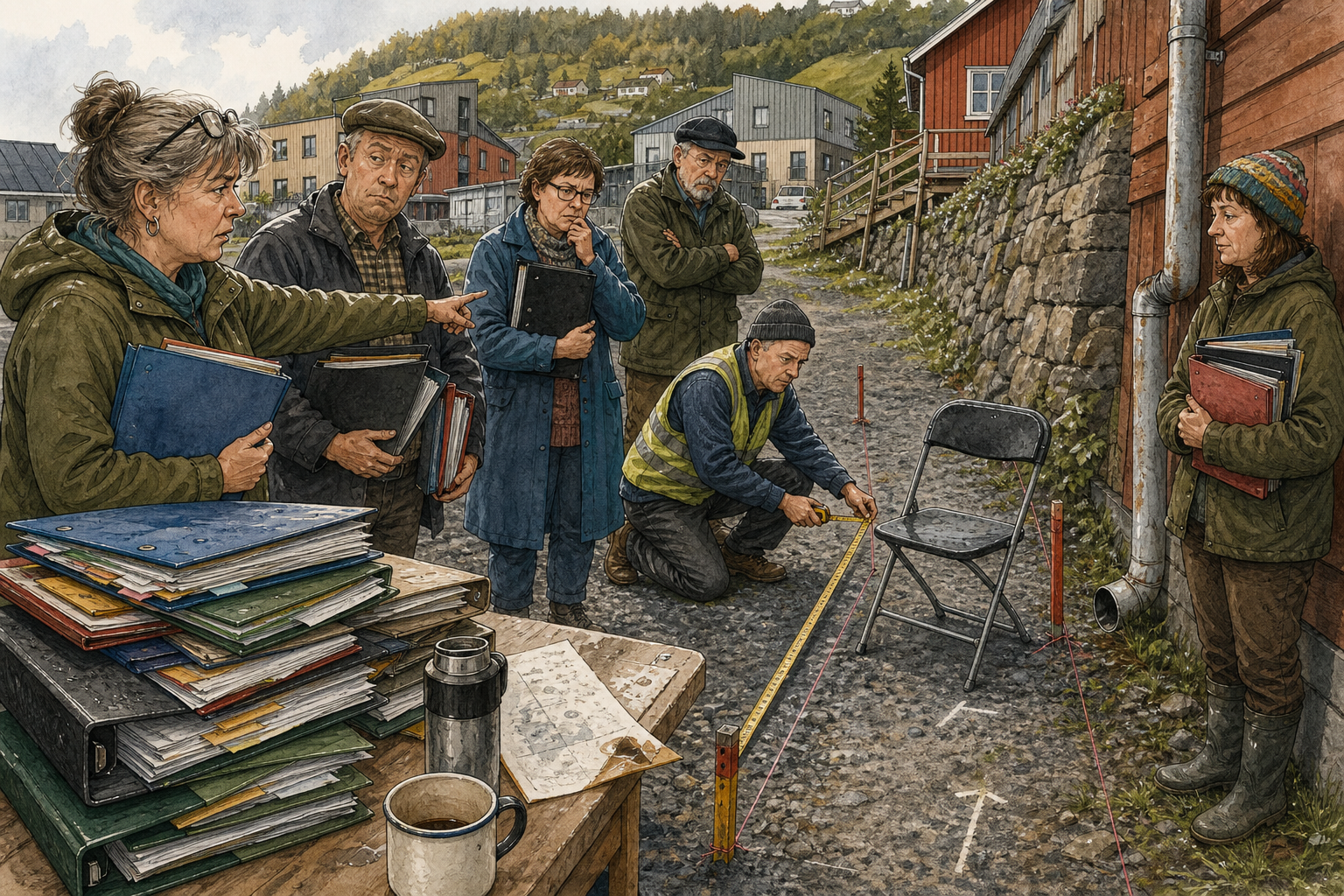 Tegnet støttemotiv til saken Klappstol flyttes 3,7 meter i Krittgangen: Målstova for Skjeve Avstander minner om at den gamle flekken ved muren har vøri brukt lenge nok til å ha en viss tyngde.