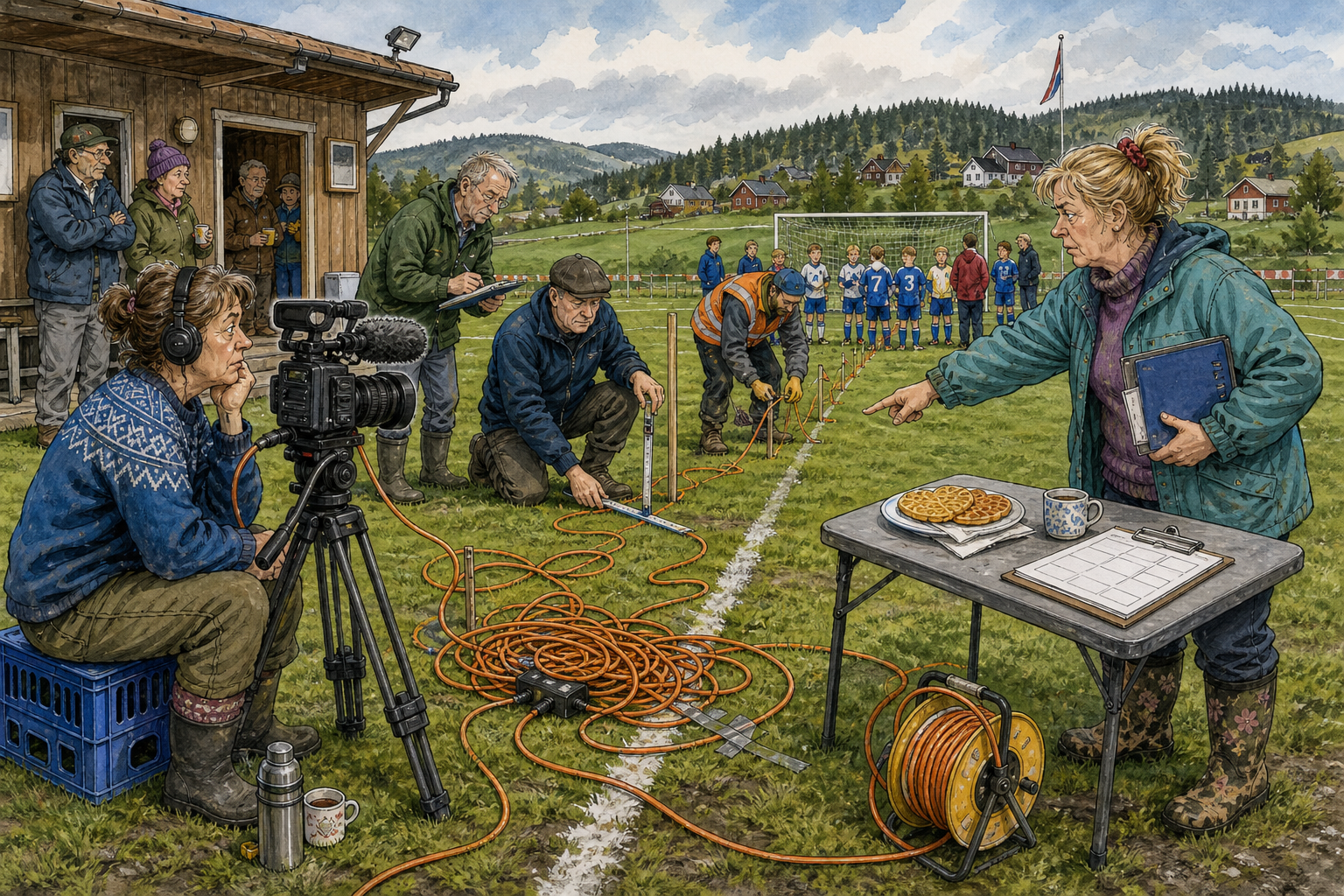 Tegnet hovedmotiv til saken Sender småcup-finalene direkte med ledning i graset: Alle A-finalene i Bakomberg Småcup skal sendes direkte lørdag. Motivet knytter saken til Henny «Halvpris» Skruvold, Solveig Pallesen og Kveldskvisten Lager & Nøkkelvakt.