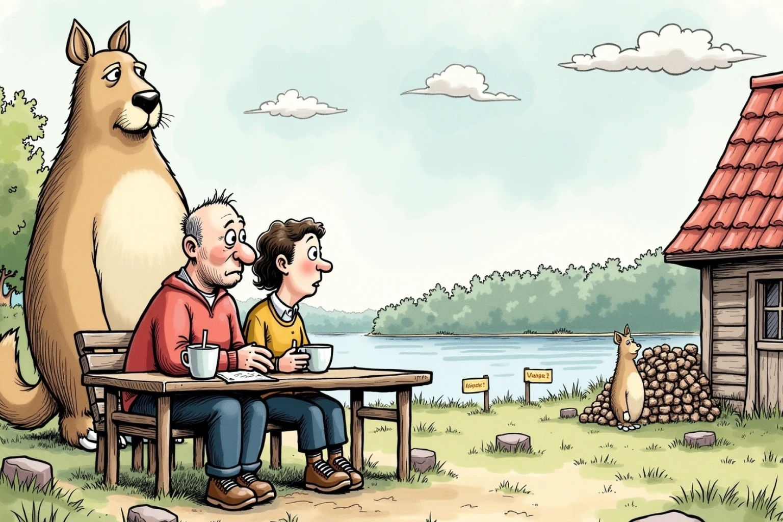 Illustrasjon til Almanakk og hendelse om Onsdag 24. juni: målebånd, nøkler og en brøytekant som nekter å bli sommer: Bakomberg våknet til 13 grader, lett fjordtrekk og en usedvanlig alvorlig diskusjon om noe som teknisk sett er snø fra i fjor.