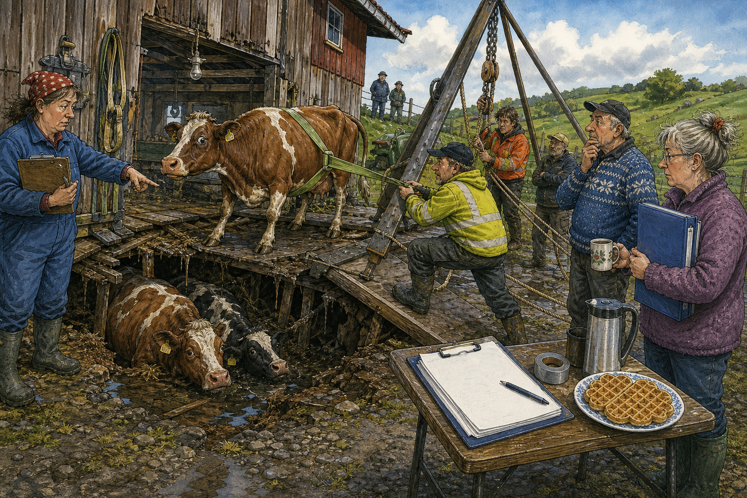 Tegnet hovedmotiv til saken Jekkestropp holdt igjen tredje ku: Tre kyr måtte berges opp fra møkkjelleren etter at fjøsgulvet ga etter. Motivet knytter saken til Gunhild Råkeby, Aslak Vassmo og Bakomberg Hverdagsberedskapslag.