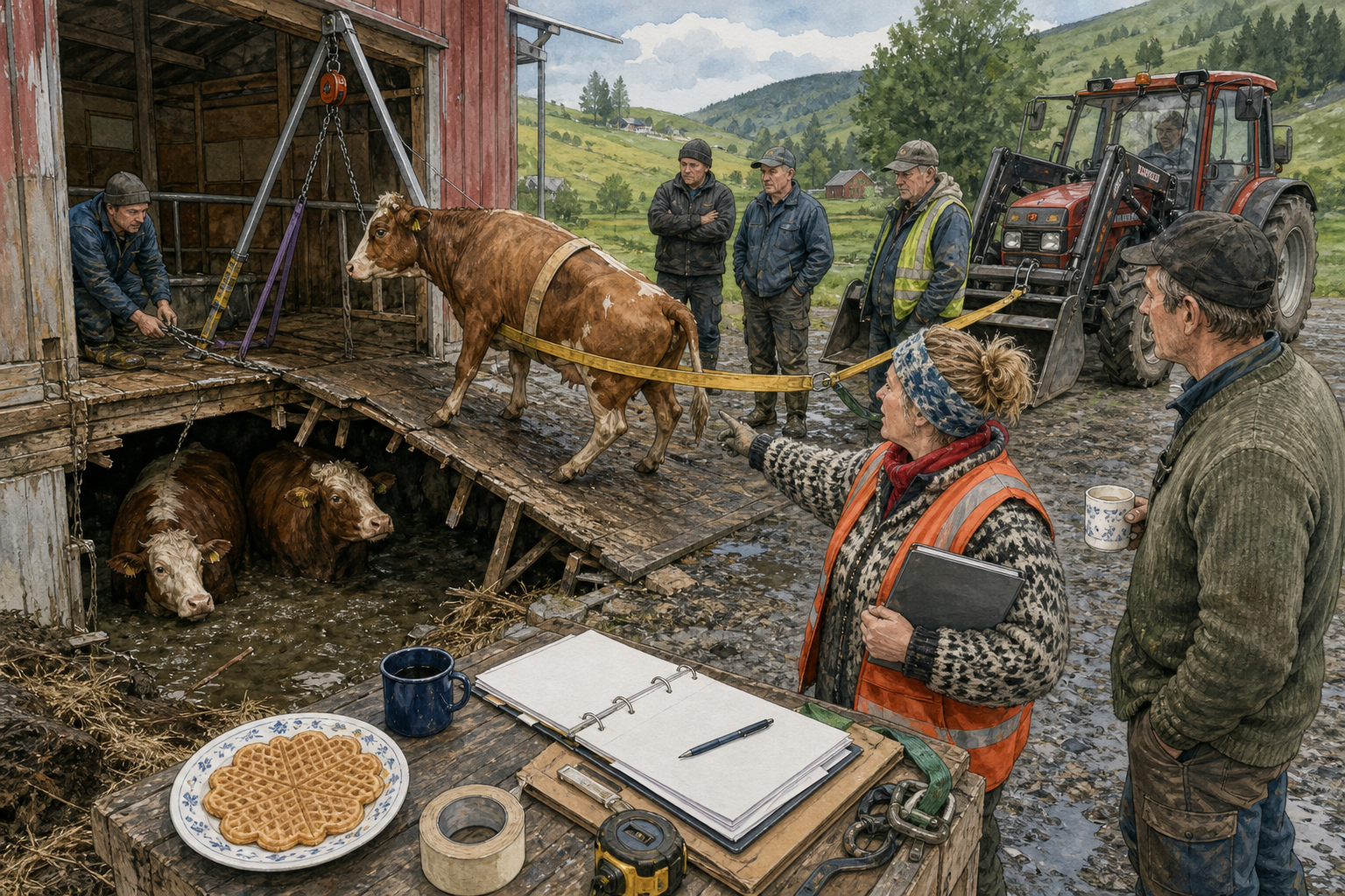 Tegnet støttemotiv til saken Jekkestropp holdt igjen tredje ku: Tre kyr måtte berges opp fra møkkjelleren etter at fjøsgulvet ga etter. Motivet knytter saken til Gunhild Råkeby, Aslak Vassmo og Bakomberg Hverdagsberedskapslag.
