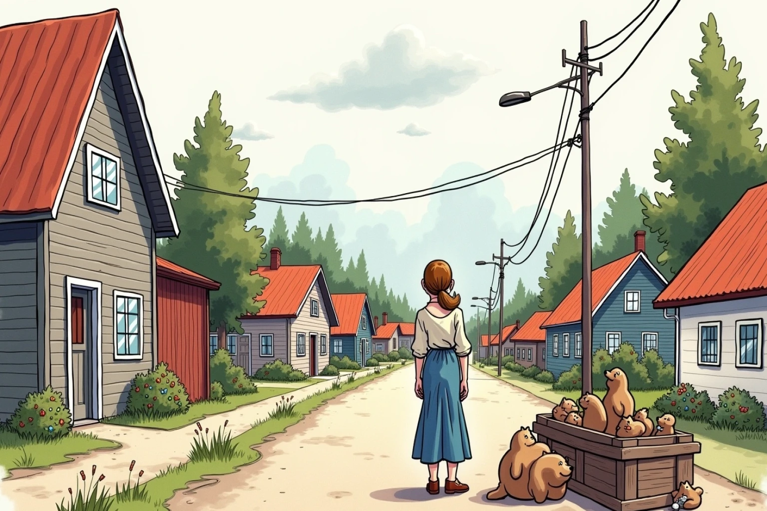 Illustrasjon til Almanakk og hendelse om Torsdag 25. juni: sentrum våknet med nøkkelrasling og lang line: Bakomberg fikk en klar, litt for frisk morgen der Svingstadbekken gikk med ekstra lyd under Gamle Melkebrua, som om den selv ville megle mellom Hundeklubben for Stille.