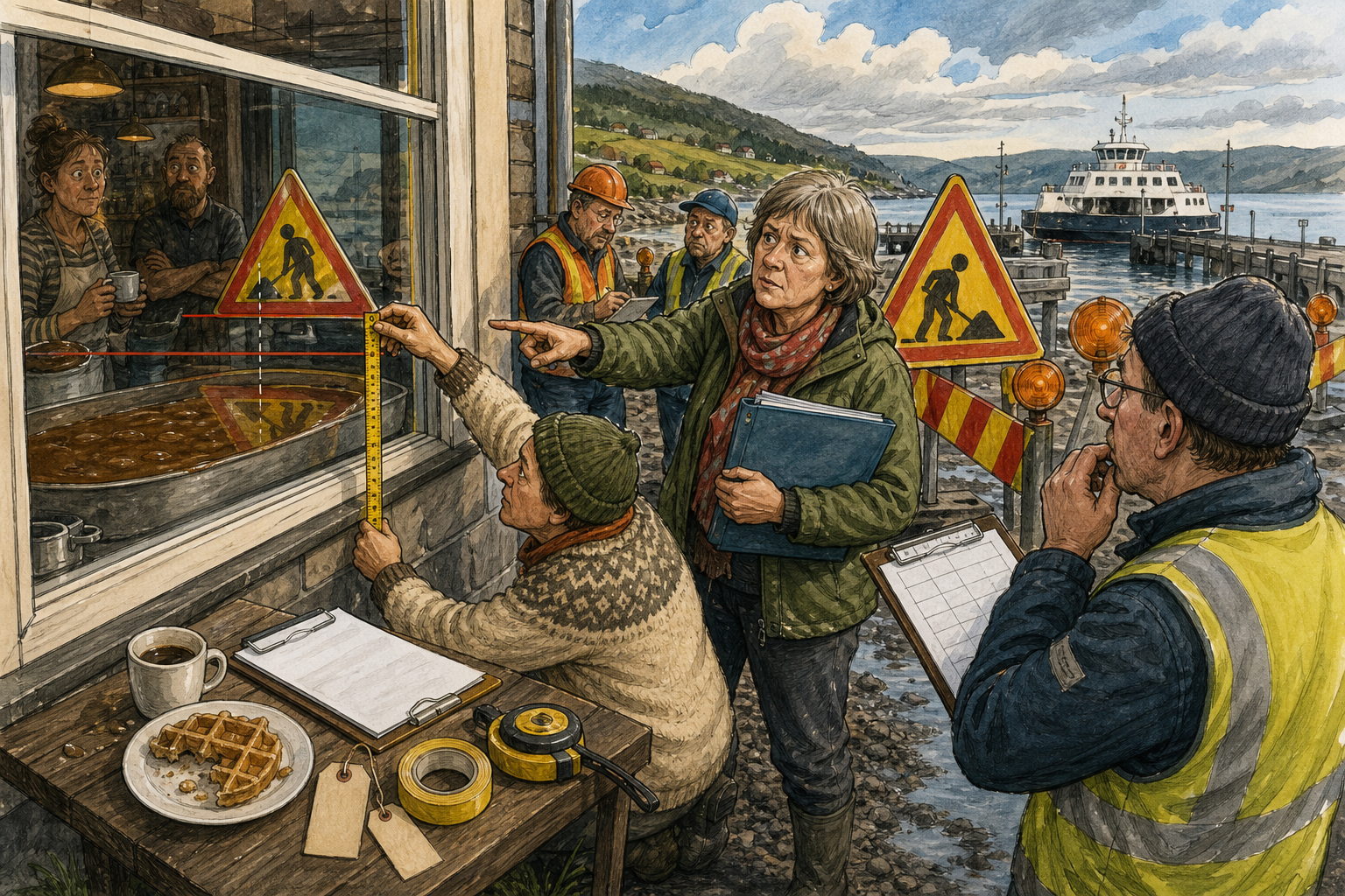 Tegnet hovedmotiv til saken Kysseskiltet speiler seg seks centimeter over brunsausen: Ordet «kyss» skal ha ligget omtrent seks centimeter over dagens brunsausmeny i vinduet på Mellomrommet. Motivet knytter saken til Elinor Skavhaug, Mellomrommet Kafé og Brunsauslaboratorium og Kysseskiltet ved ferjeleiet.