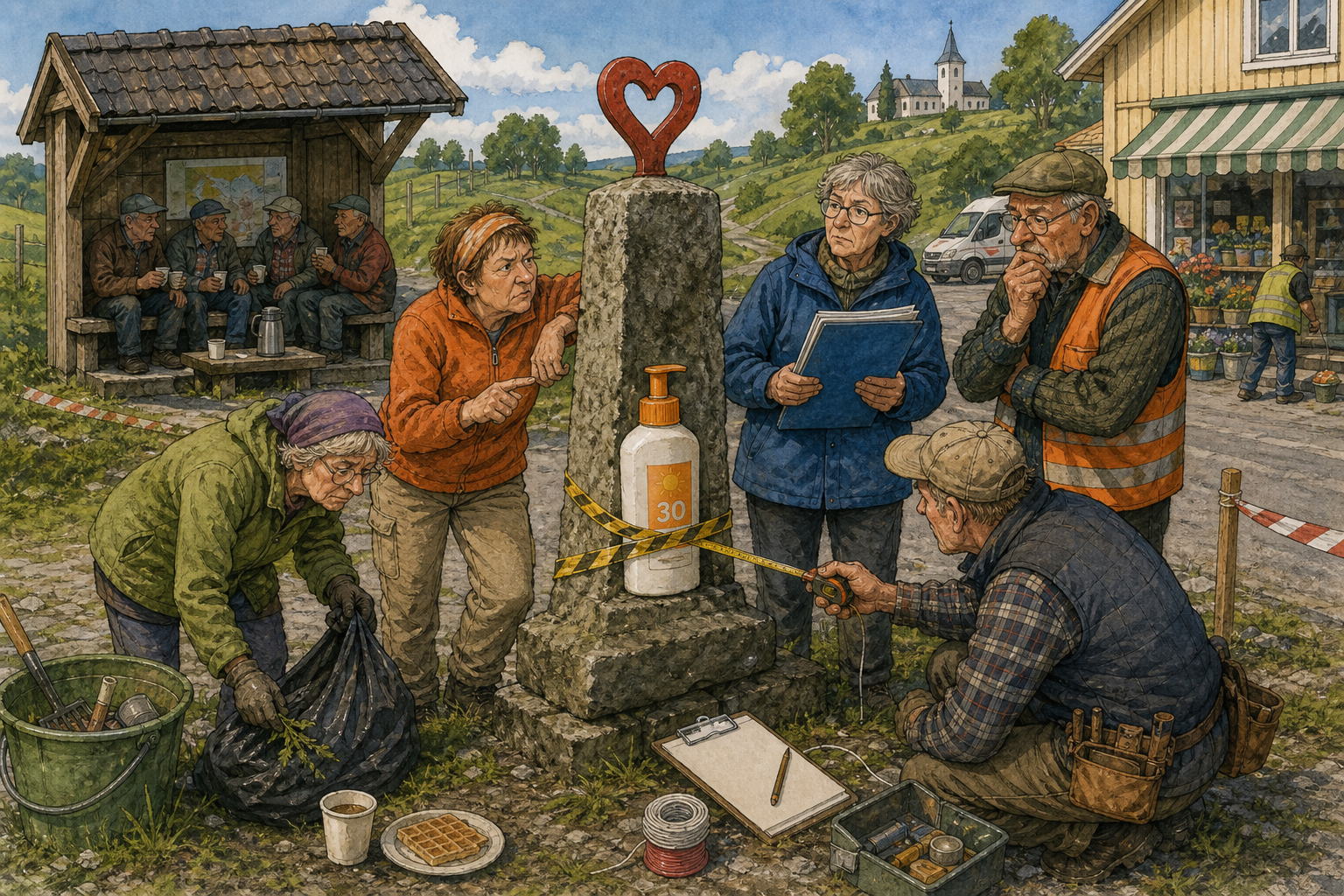 Tegnet støttemotiv til saken Faktorflaske ga solråd ved Hjertestolpen: Bakomberg helselag og hagelaget rydder opp etter at tre bygdefolk diskuterte solkrem før kaffepausa. Motivet knytter saken til Skrumålet Juster- og Avvikshandel, Torunn Mjelde og Solfrid Hjellbrekke.