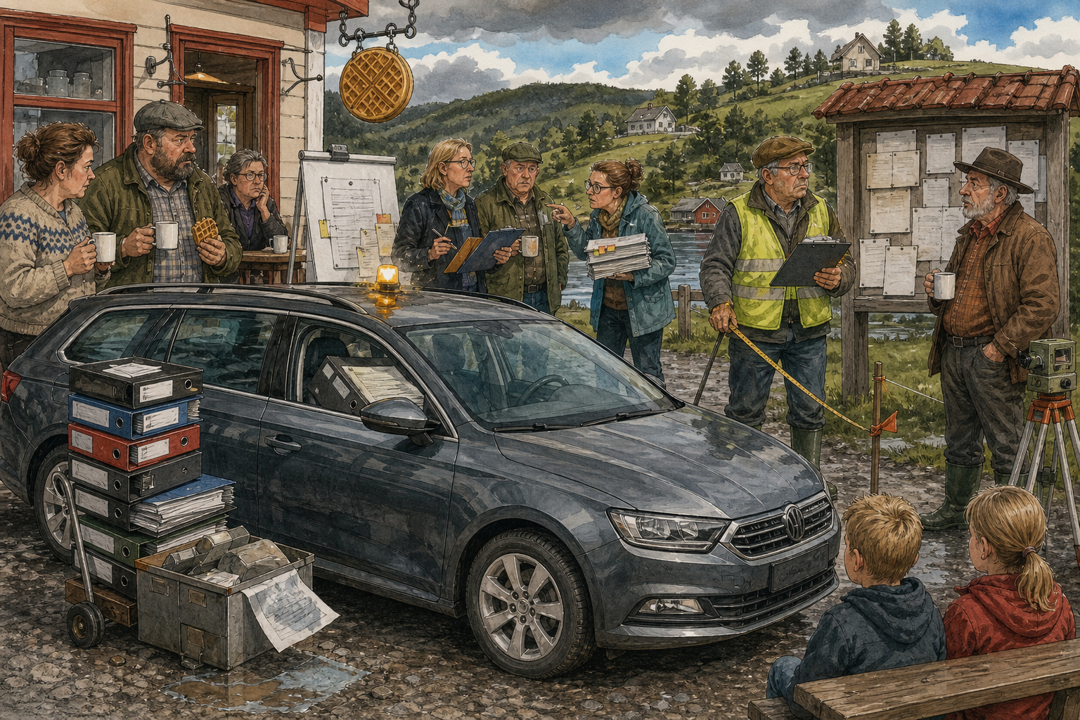 Tegnet støttemotiv til saken Barnevernets millionvekst og den blanke tjenestebilen: Alle er enige om at barn skal få hjelp fort. Motivet knytter saken til Askel Humlebrekk, Skrattkomfyren Kafé & Middagsro og Bakomberg Varslingslag for Rykter og Riktig Rekkefølge.