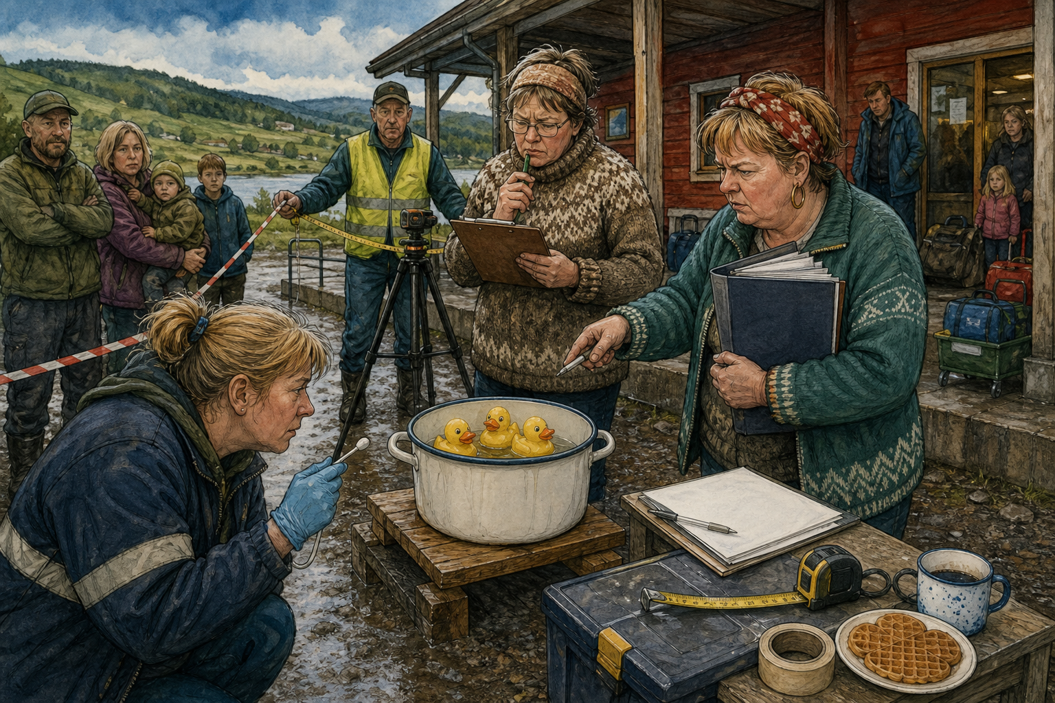 Tegnet hovedmotiv til saken Gratisferien endte i kasserolle med badeender: Ferieoppholdet for barnefamilier med trang sommerøkonomi var ferdig klokka 10.05. Motivet knytter saken til Milda «Sveisen» Røvik, Ragna Mildrid Sætermo og Hågensens Nød- og Reservehandel.