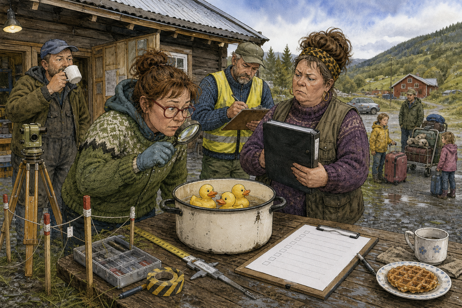 Tegnet støttemotiv til saken Gratisferien endte i kasserolle med badeender: Ferieoppholdet for barnefamilier med trang sommerøkonomi var ferdig klokka 10.05. Motivet knytter saken til Milda «Sveisen» Røvik, Ragna Mildrid Sætermo og Hågensens Nød- og Reservehandel.