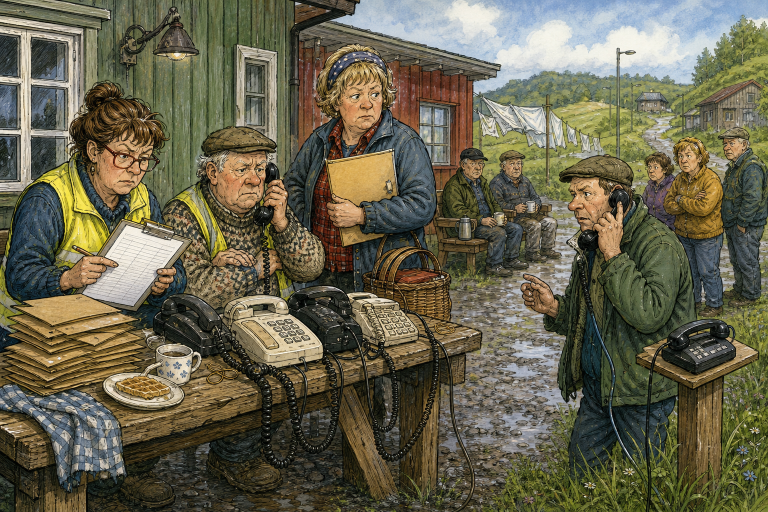 Tegnet hovedmotiv til saken Svindeltelefoner avklart 09.17, etterringing fortsatte: Flere bygdefolk varslet om mistenkelige telefoner tirsdag. Motivet knytter saken til Mildrid Klyvnes, Dampgløttet bak Vaskeribygget og Stempelstova Kopi & Klagemål.