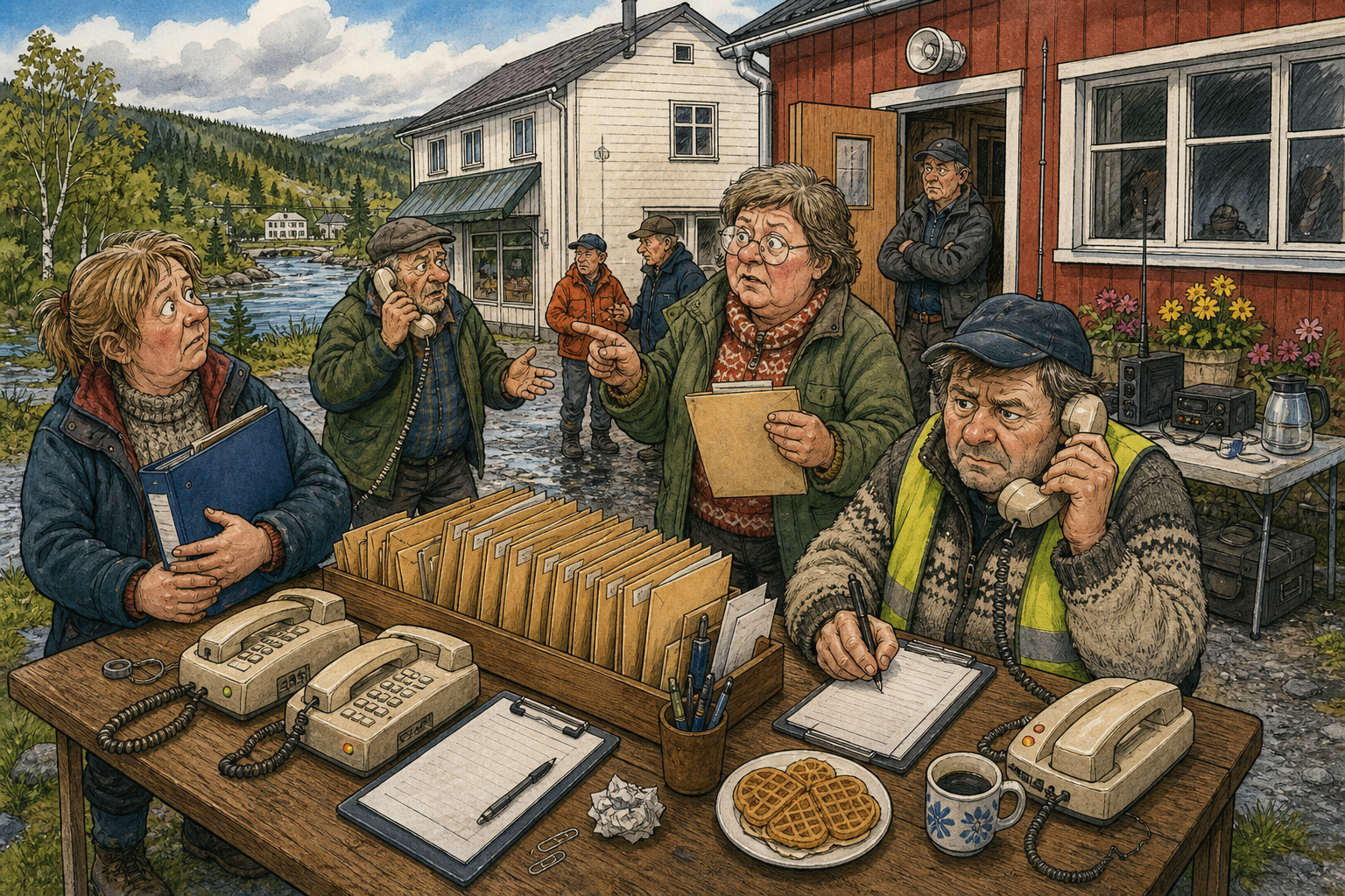 Tegnet støttemotiv til saken Svindeltelefoner avklart 09.17, etterringing fortsatte: Flere bygdefolk varslet om mistenkelige telefoner tirsdag. Motivet knytter saken til Mildrid Klyvnes, Dampgløttet bak Vaskeribygget og Stempelstova Kopi & Klagemål.