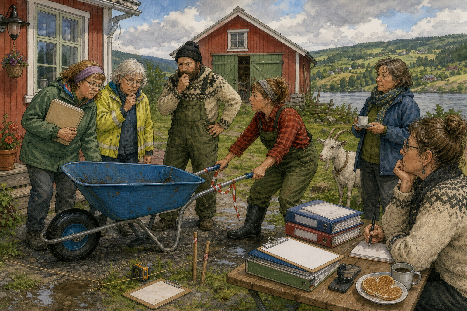 Tegnet hovedmotiv til saken Bytta bylivet med småbruk: trillebåra styrer litt sjøl: Småbruket ovafor Pumpehuset er i drift igjen. Motivet knytter saken til Kaffekroken ved Pumpehuset, Laila Stemland og Solveig Heggvold.