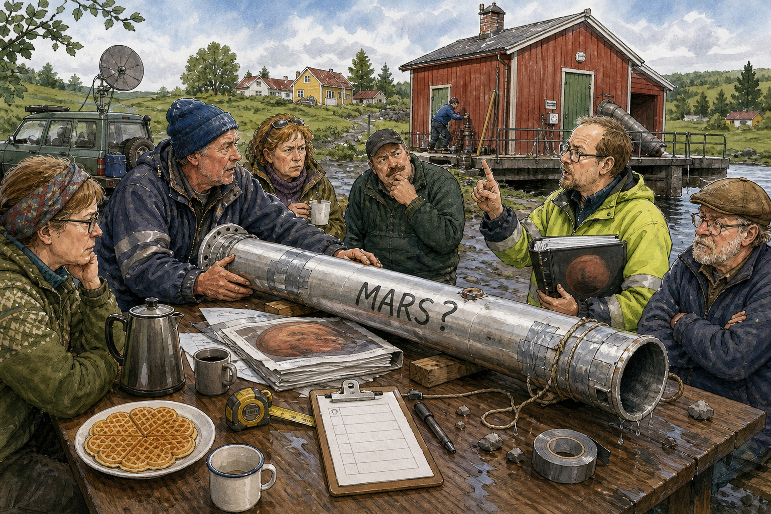 Tegnet hovedmotiv til saken Målerør stanser Mars-beredskap ved Pumpehuset: Et hjemmesnekra aluminiumsrør merket «MARS?» fikk uvanlig tyngde ved Kaffekroken da en oversendt studie om Mars ble lagt på bordet klokka 09.13. Motivet knytter saken til Bjarte Slåtten, Kaffekroken ved Pumpehuset og Bakomberg Hverdagsberedskapslag.