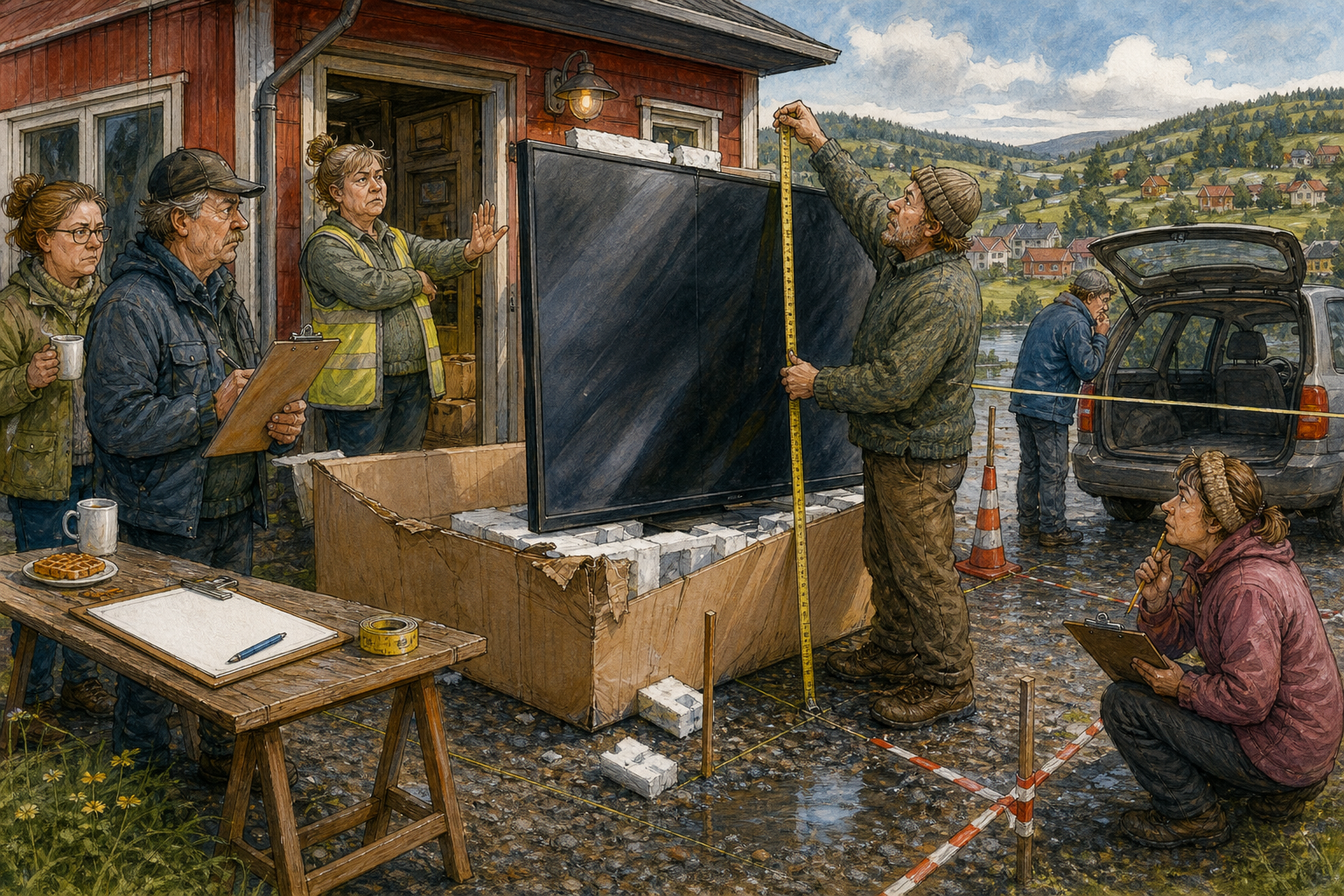 Tegnet hovedmotiv til saken Skrumålet stanser åpent kjøp på stor-TV: Skrumålet Juster- og Avvikshandel strammer inn lokal returpraksis for ekstra store TV-er etter flere nesten-skader, isoporlyder og ei pappeske med knekt hjørnebeskytter.
