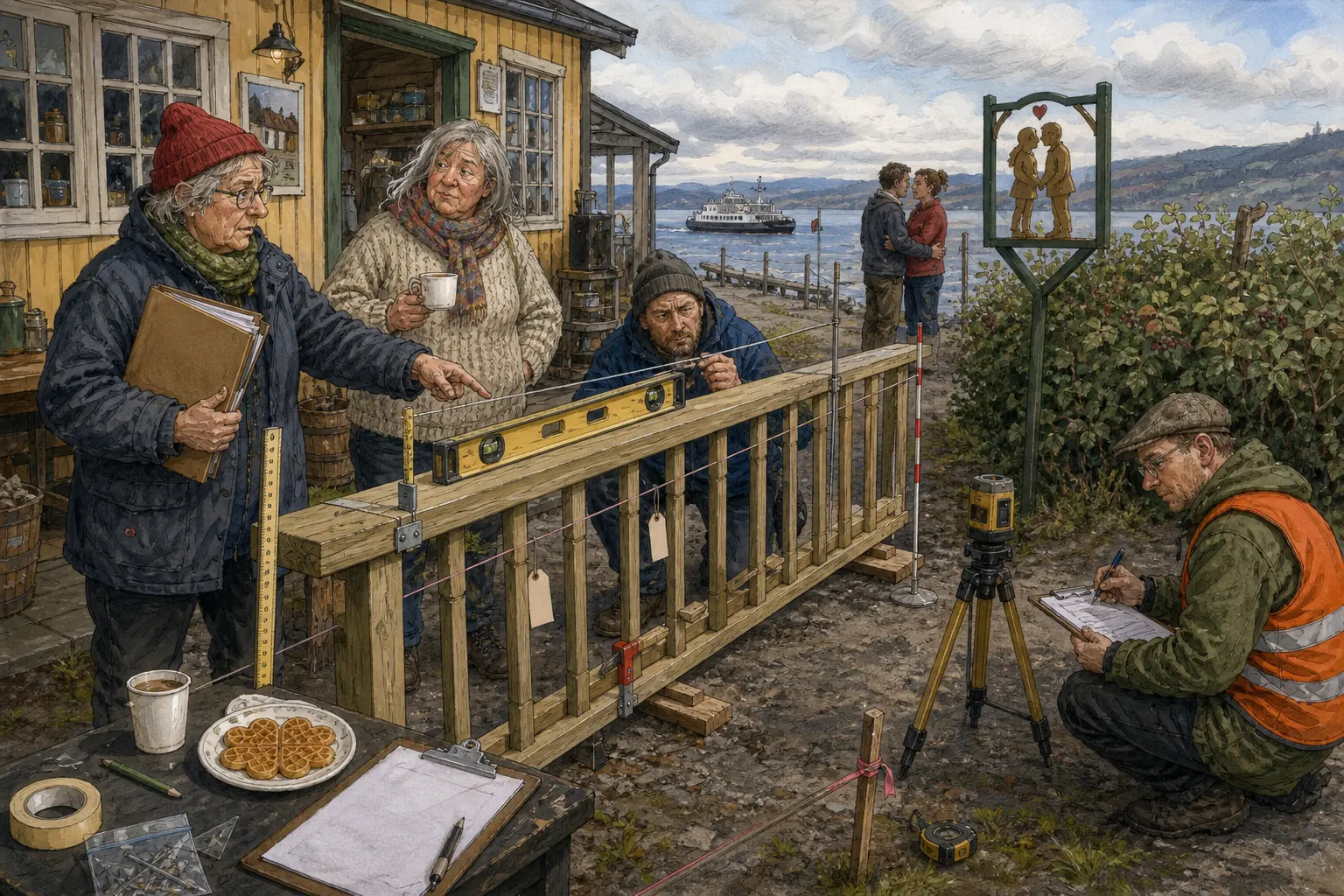 Tegnet hovedmotiv til saken Gelenderprøve gir framdrift for Utsiktsstien: Et 2,14 meter langt prøvestykke av trykkimpregnert gelender er delvis godkjent etter tredje vatring. Motivet knytter saken til Gunvor «Lånkelyd» Brennhaug, Signe Brottveit og Skuffefunn & Etterlatenskaper A/S.