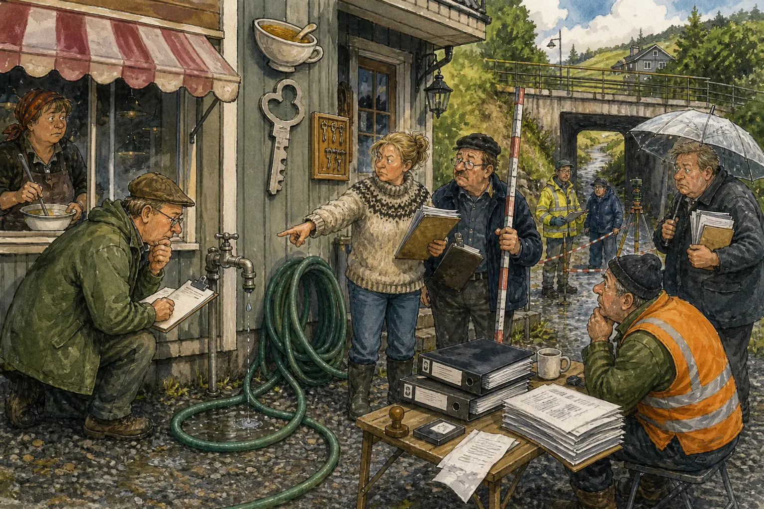 Tegnet hovedmotiv til saken Hageslange utløste uro ved utekrana: Den grønne slangen bak Speilvendt Suppebar & Nøkkelservice drypper hvert 14.