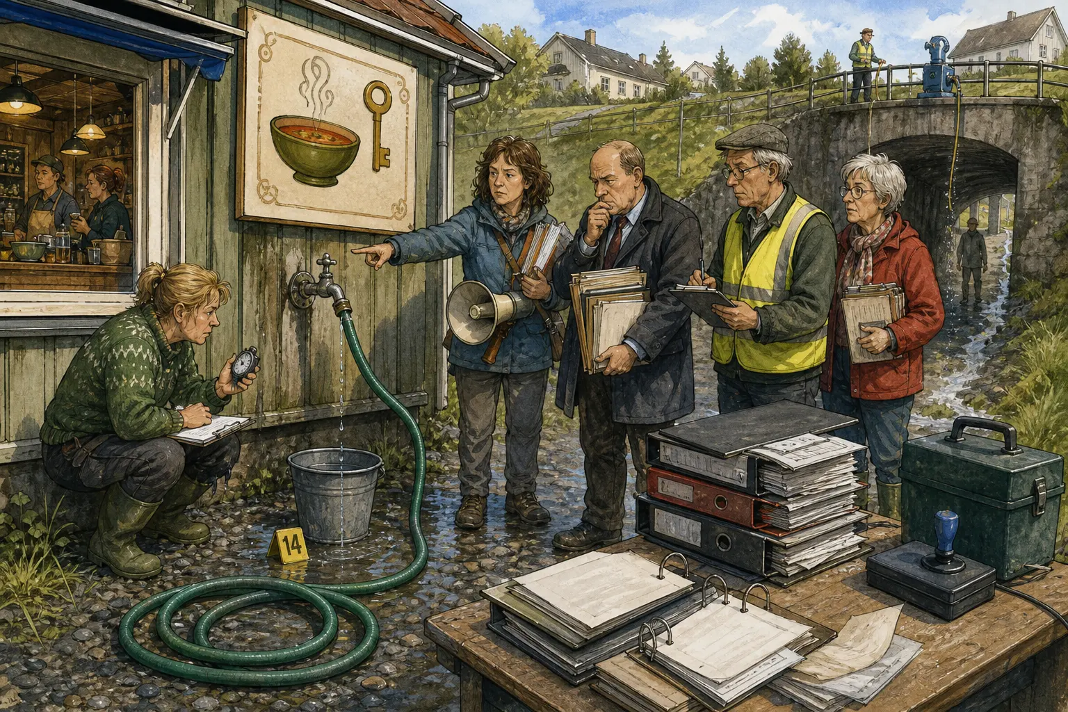 Tegnet støttemotiv til saken Hageslange utløste uro ved utekrana: Den grønne slangen bak Speilvendt Suppebar & Nøkkelservice drypper hvert 14.